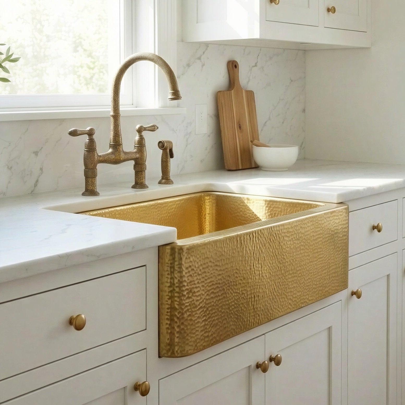 Hammered Brass Farmhouse Sink | Apron Front Kitchen Sink | Solid Brass Single Bowl