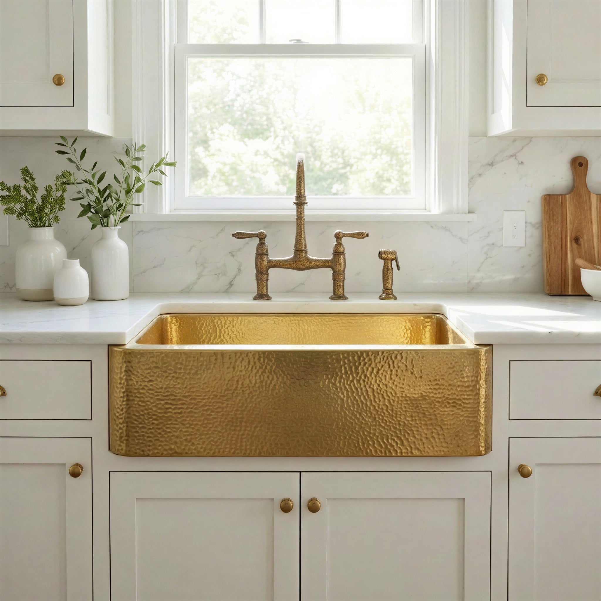 Hammered Brass Farmhouse Sink | Apron Front Kitchen Sink | Solid Brass Single Bowl