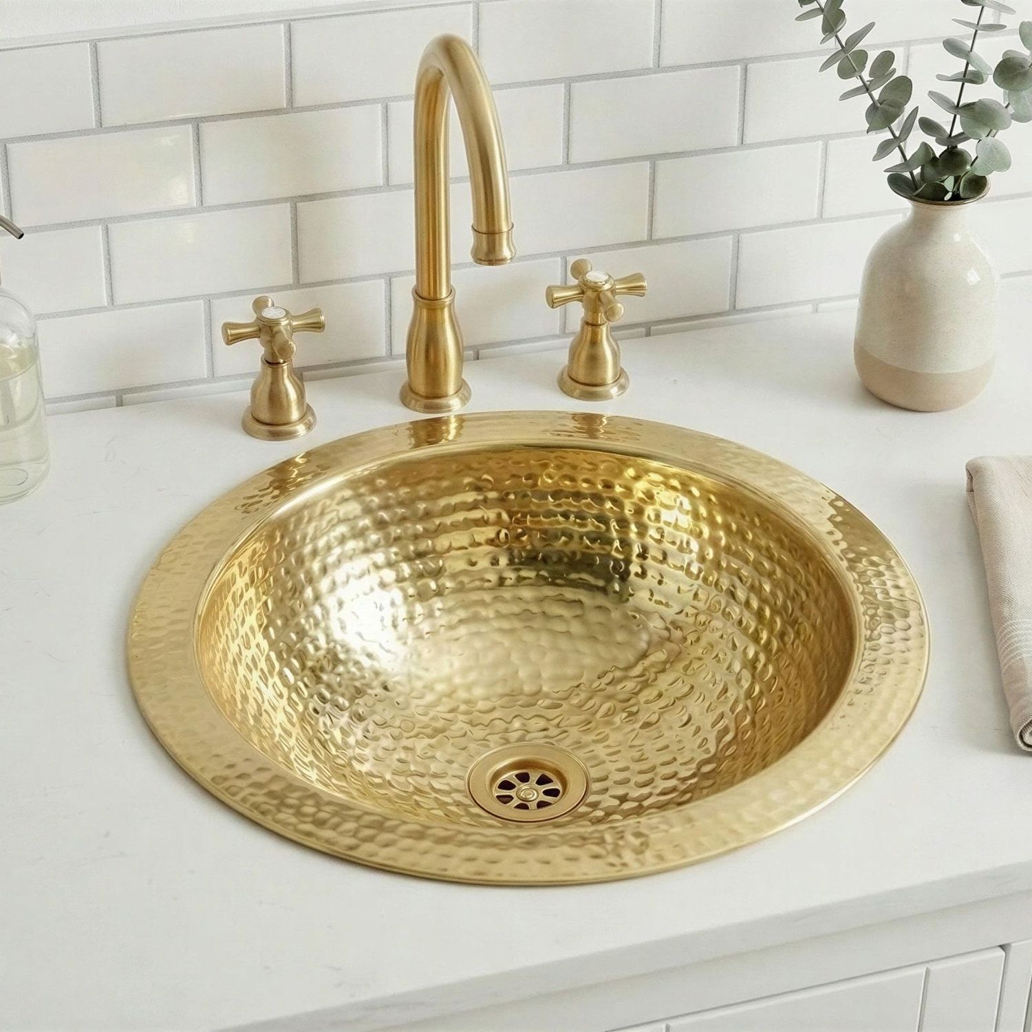 Hammered Brass Round Sink, Gold Drop In Bathroom Vanity Sink, Handcrafted Gold Bathroom Sink