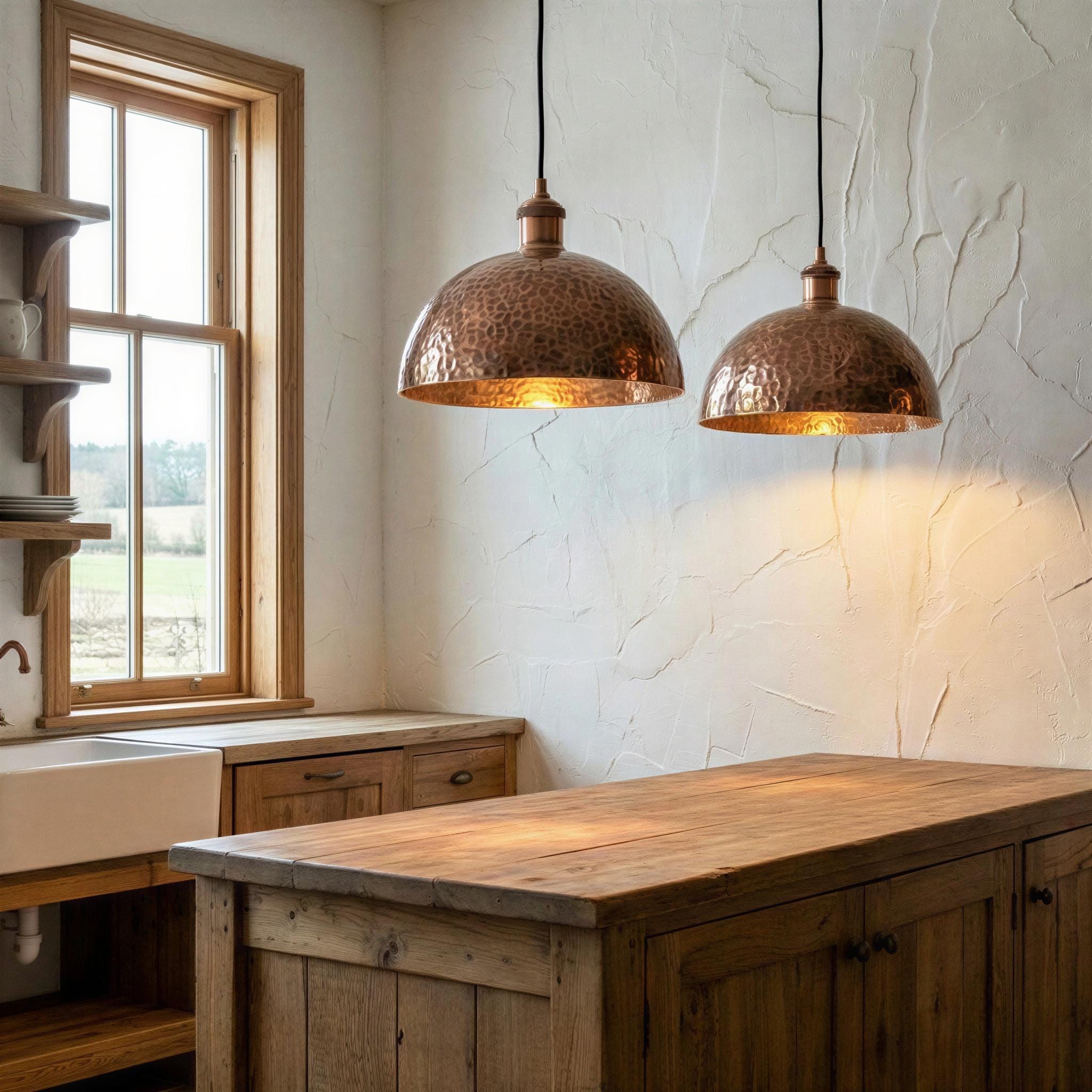 Kitchen with wooden island, copper pendant lights, and a window.
