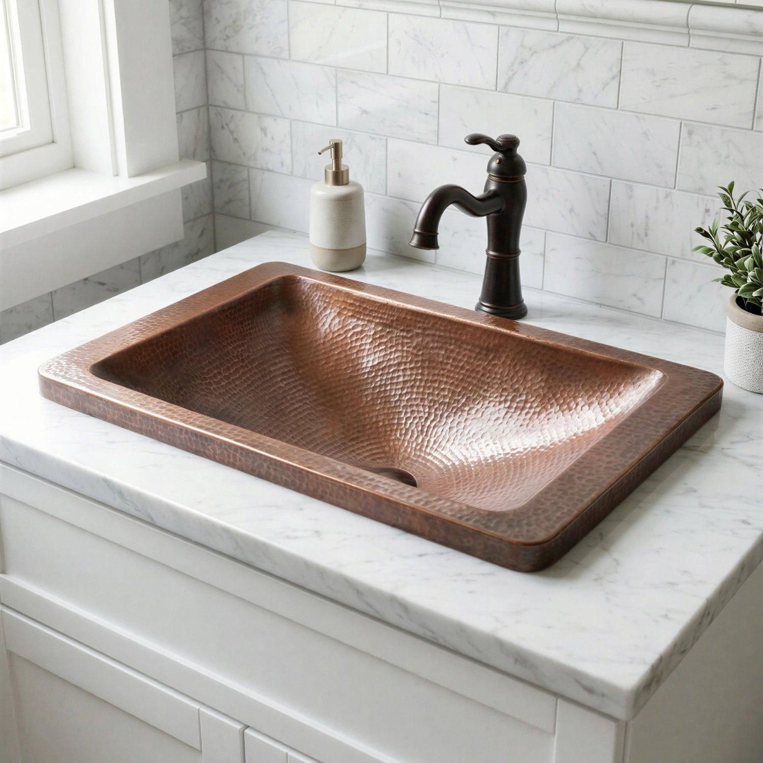 Hammered Copper Drop In Sink, Top Mount Bathroom Basin, Rectangular Wide Rim Vanity Sink