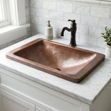 Hammered Copper Drop In Sink, Top Mount Bathroom Basin, Rectangular Wide Rim Vanity Sink
