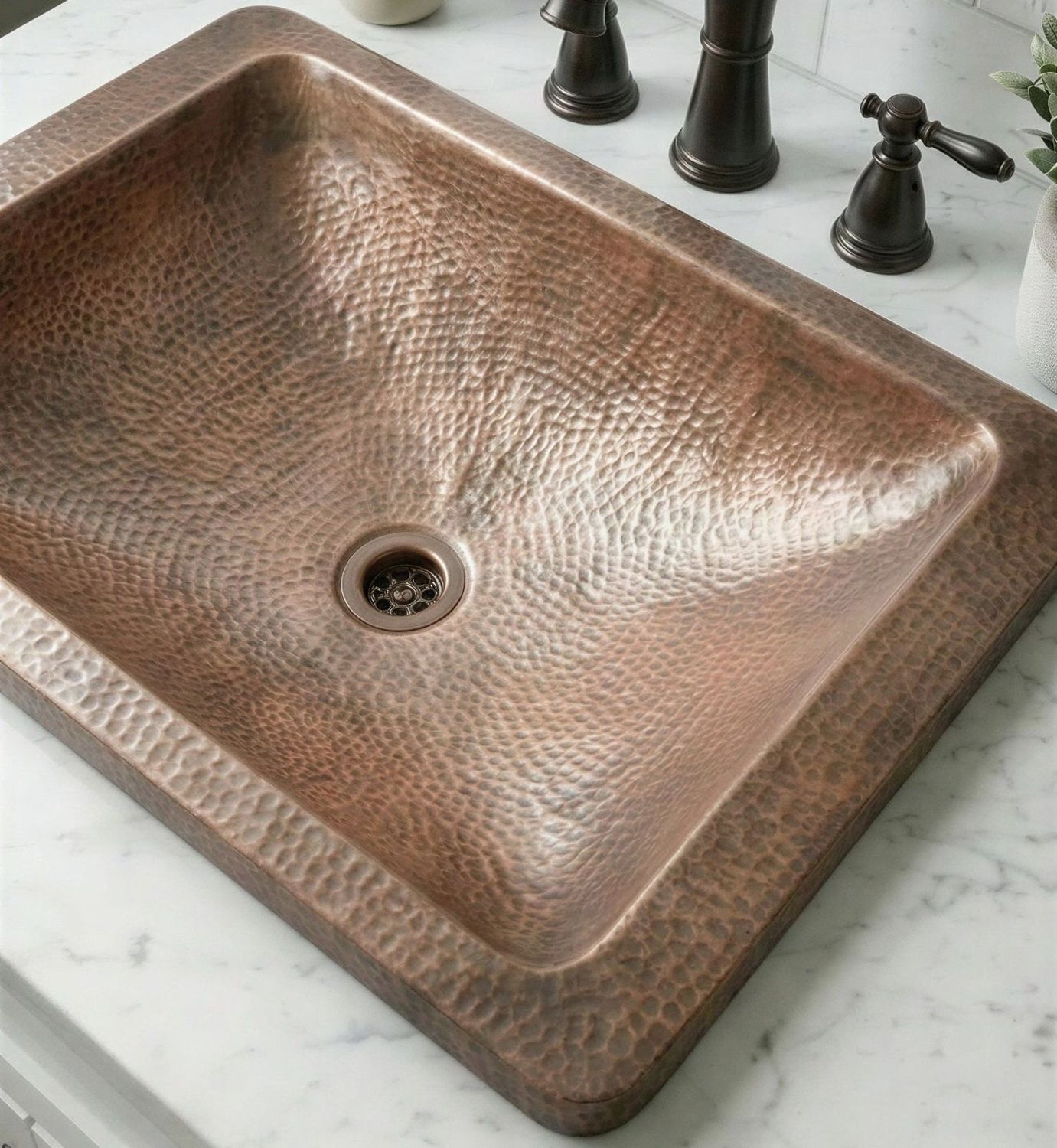 Hammered Copper Drop In Sink, Top Mount Bathroom Basin, Rectangular Wide Rim Vanity Sink