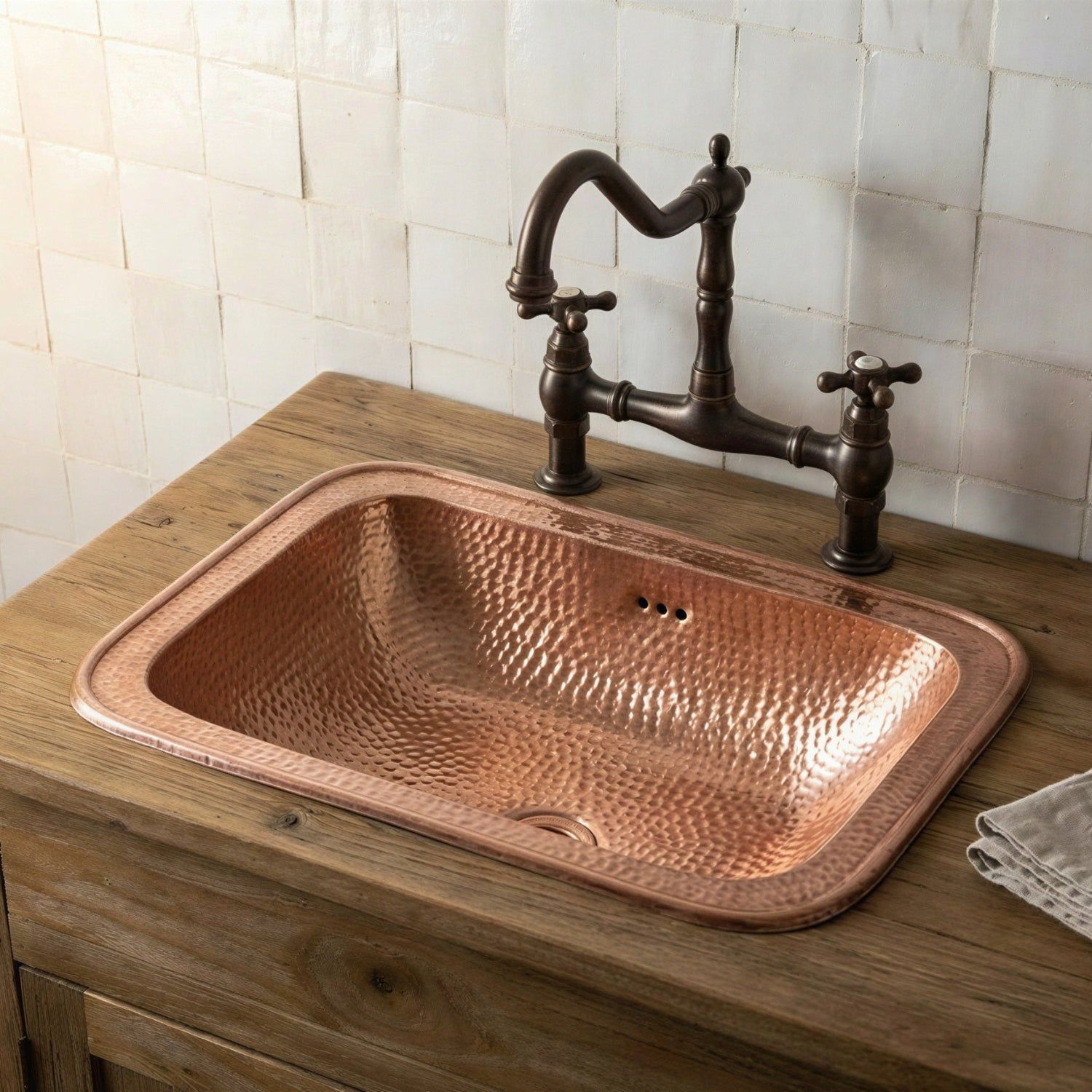Hand Hammered Copper Drop In Sink | Rectangular Rustic Vanity Washbasin with Flat Rim