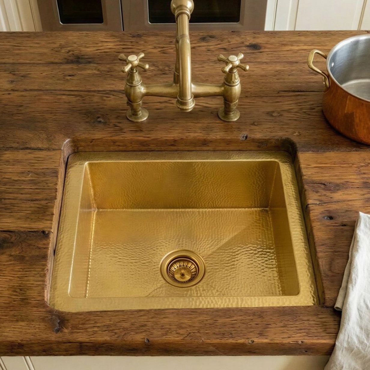 Unlacquered Brass Undermount Sink, Farmhouse Kitchen Drop in Sink Vanity, Hammered Rustic Kitchen Island Sink