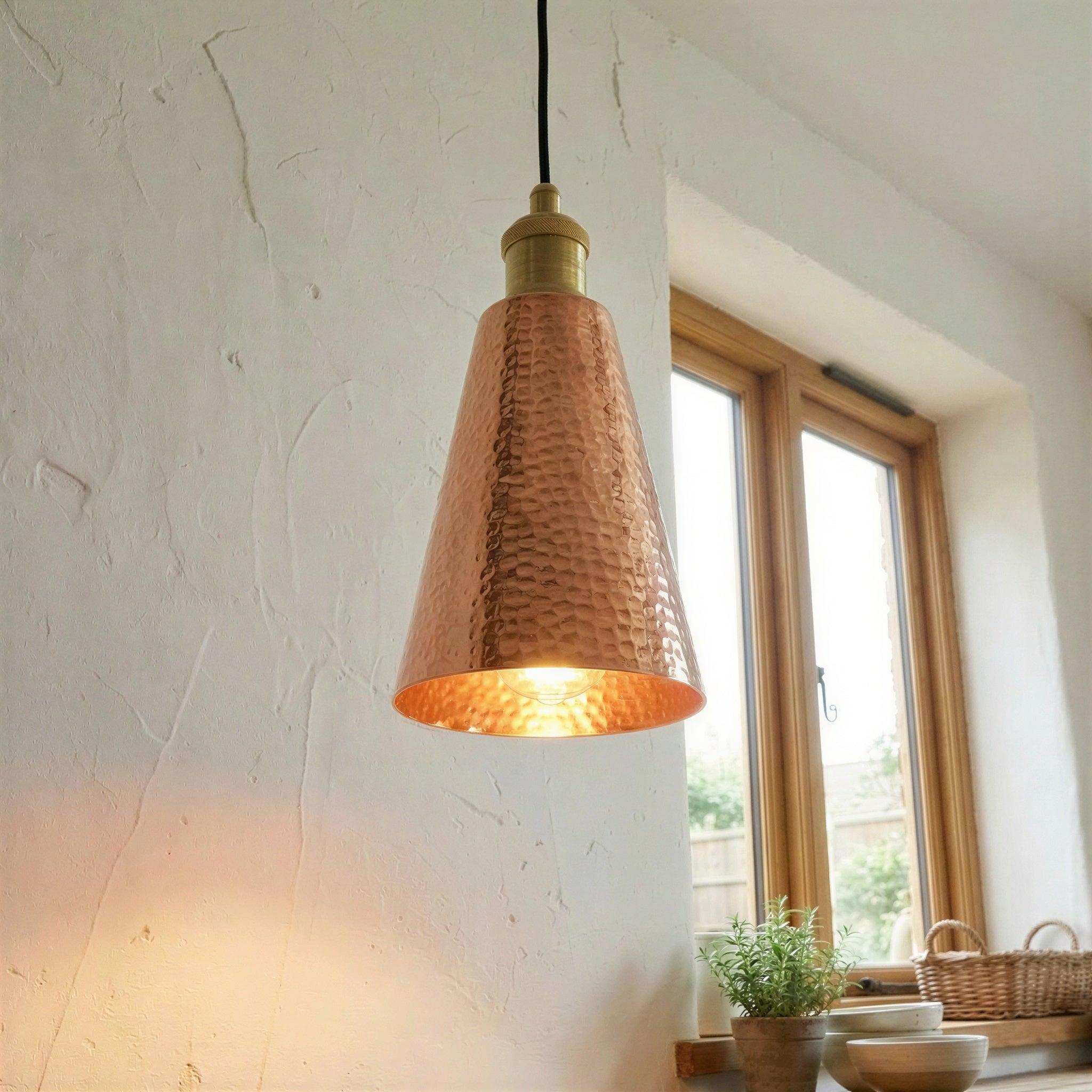 Copper Pendant Light Tall Cone – Hammered Rustic Hanging Lamp for Kitchen Island