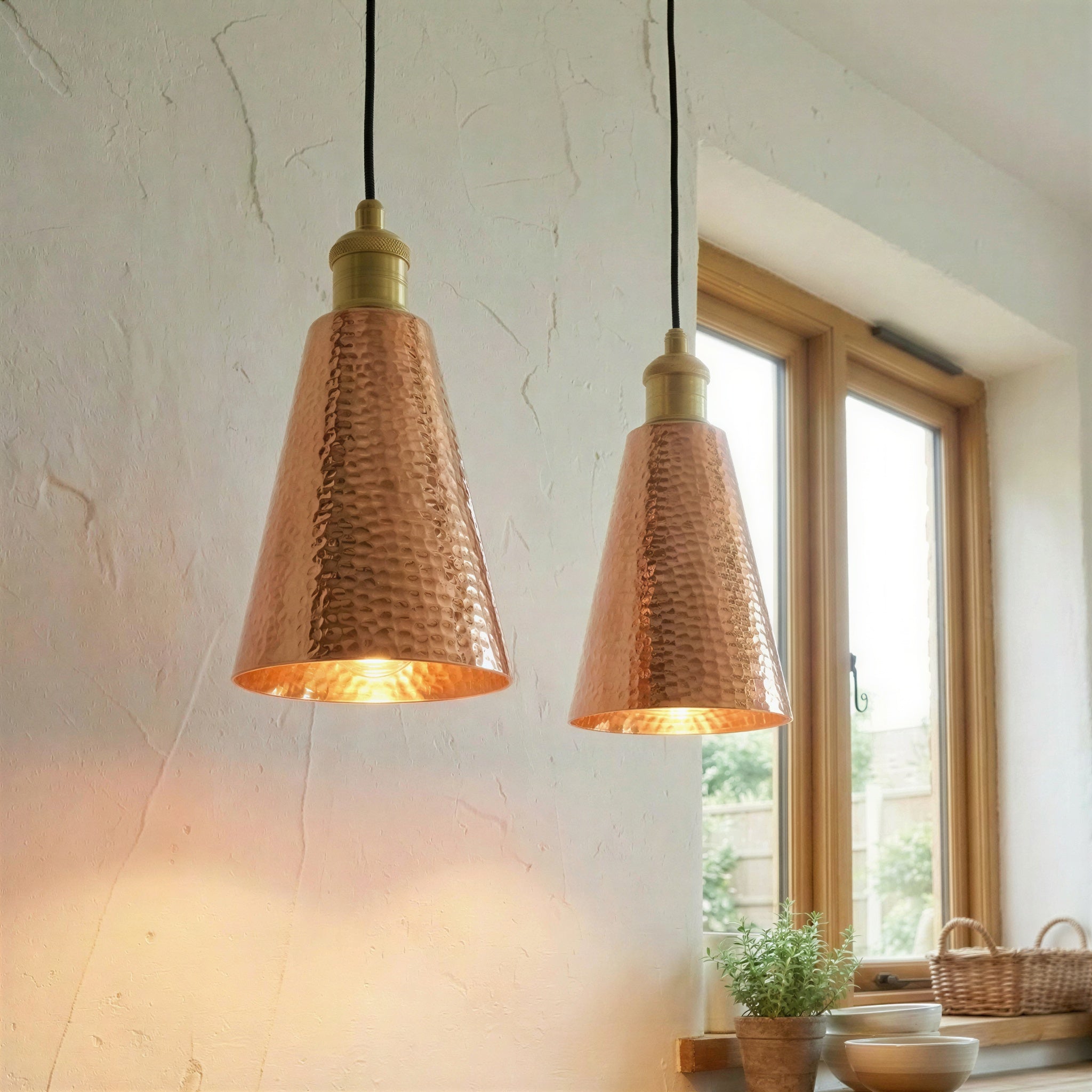 Copper Pendant Light Tall Cone – Hammered Rustic Hanging Lamp for Kitchen Island