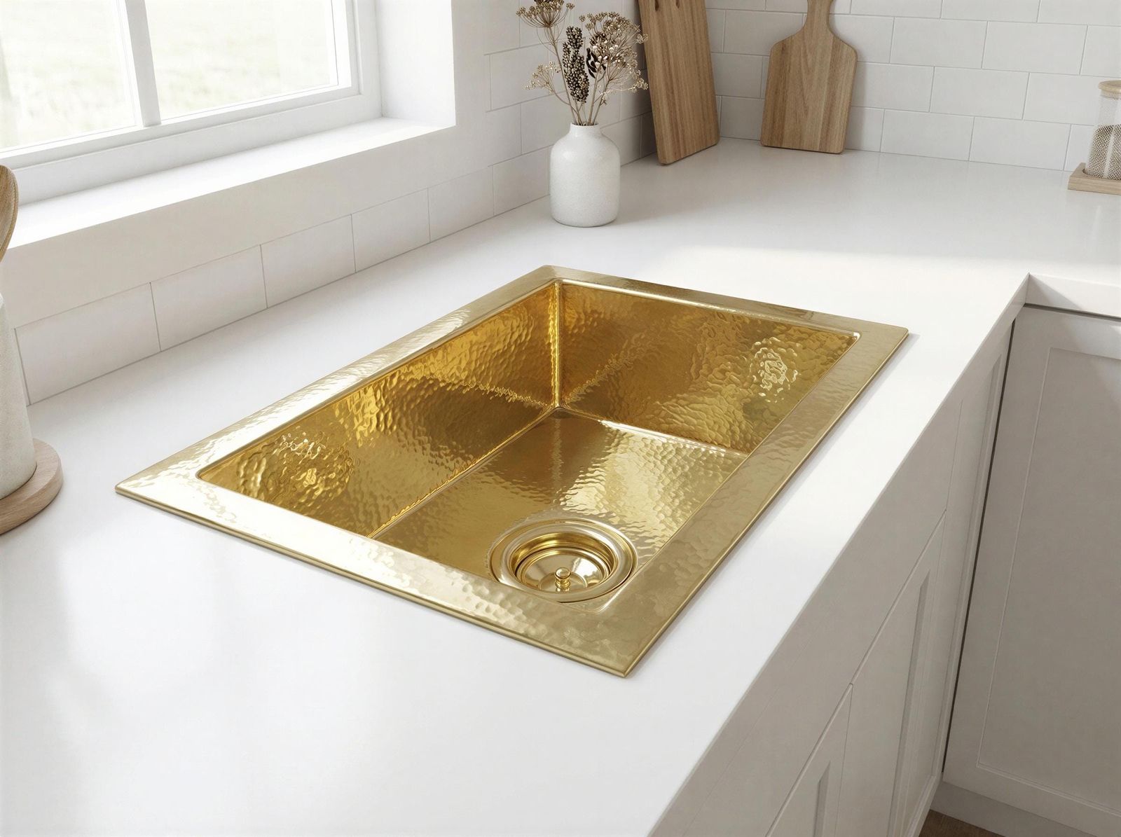 Gold sink on a white kitchen counter with a window in the background