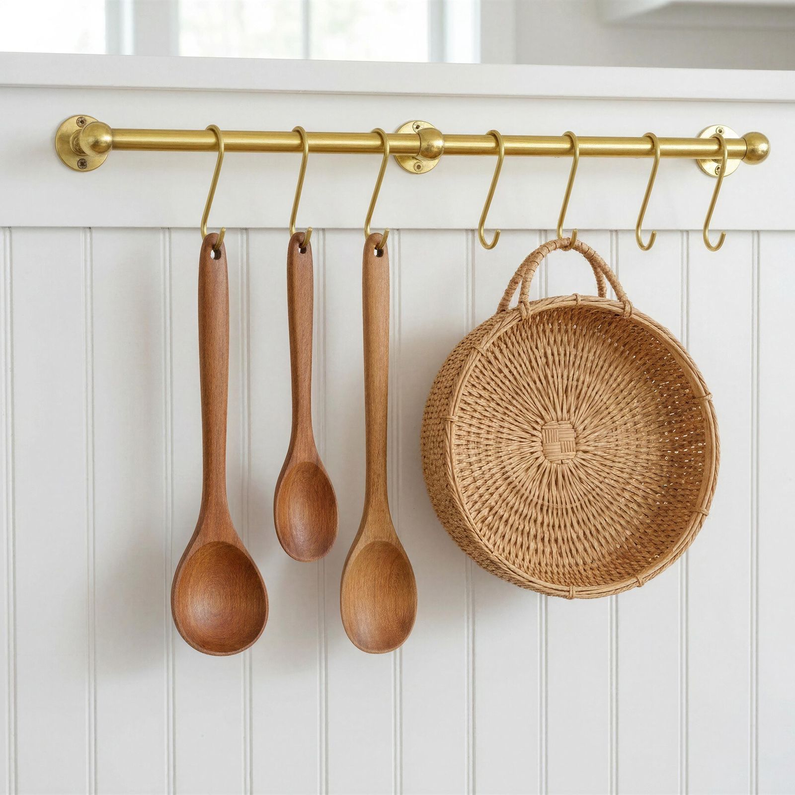Wooden spoons and a wicker basket hanging on a gold rack against a white wall.