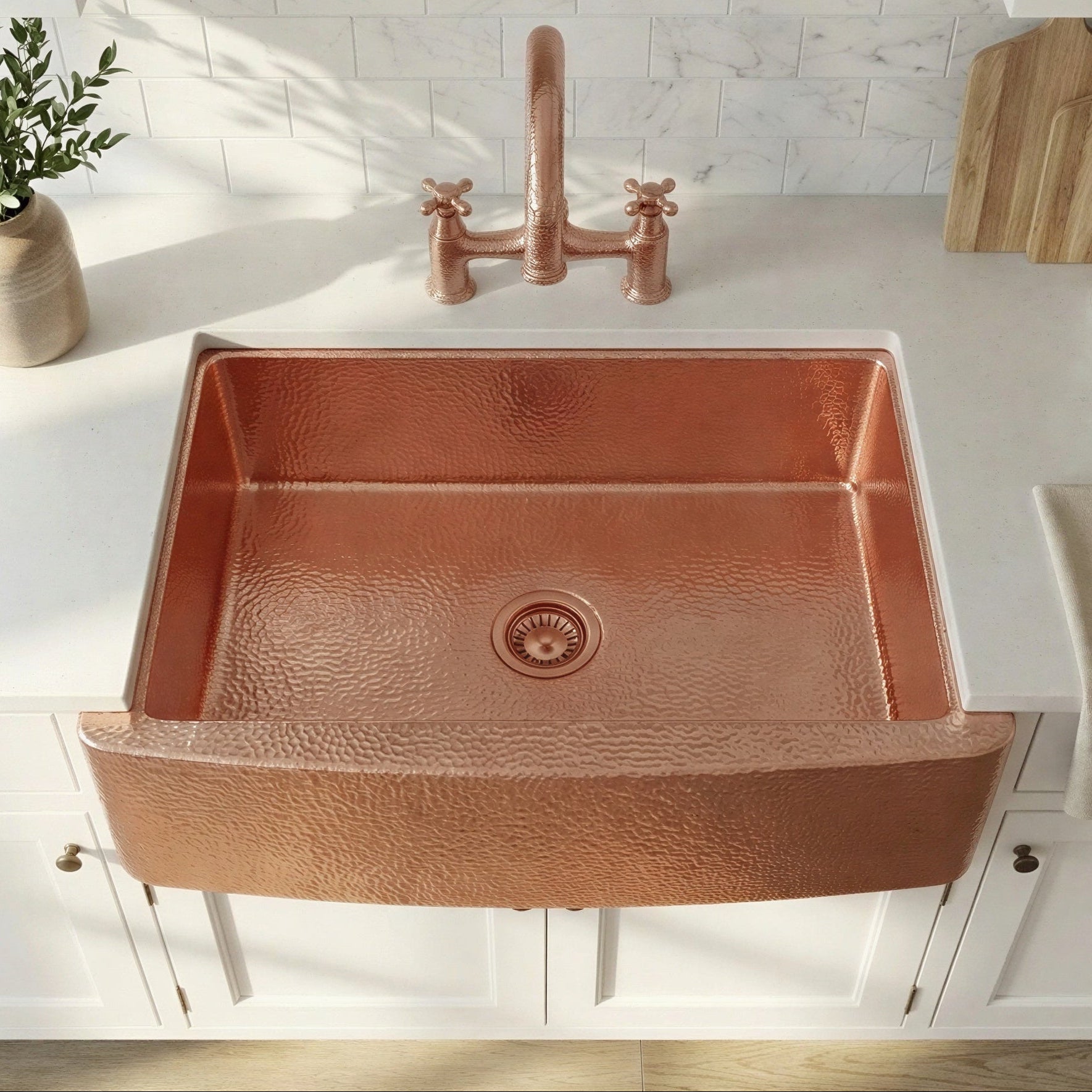 Handcrafted Bright Copper Apron Sink, Solid Copper Farmhouse Sink, Hand Beaten Apron Basin
