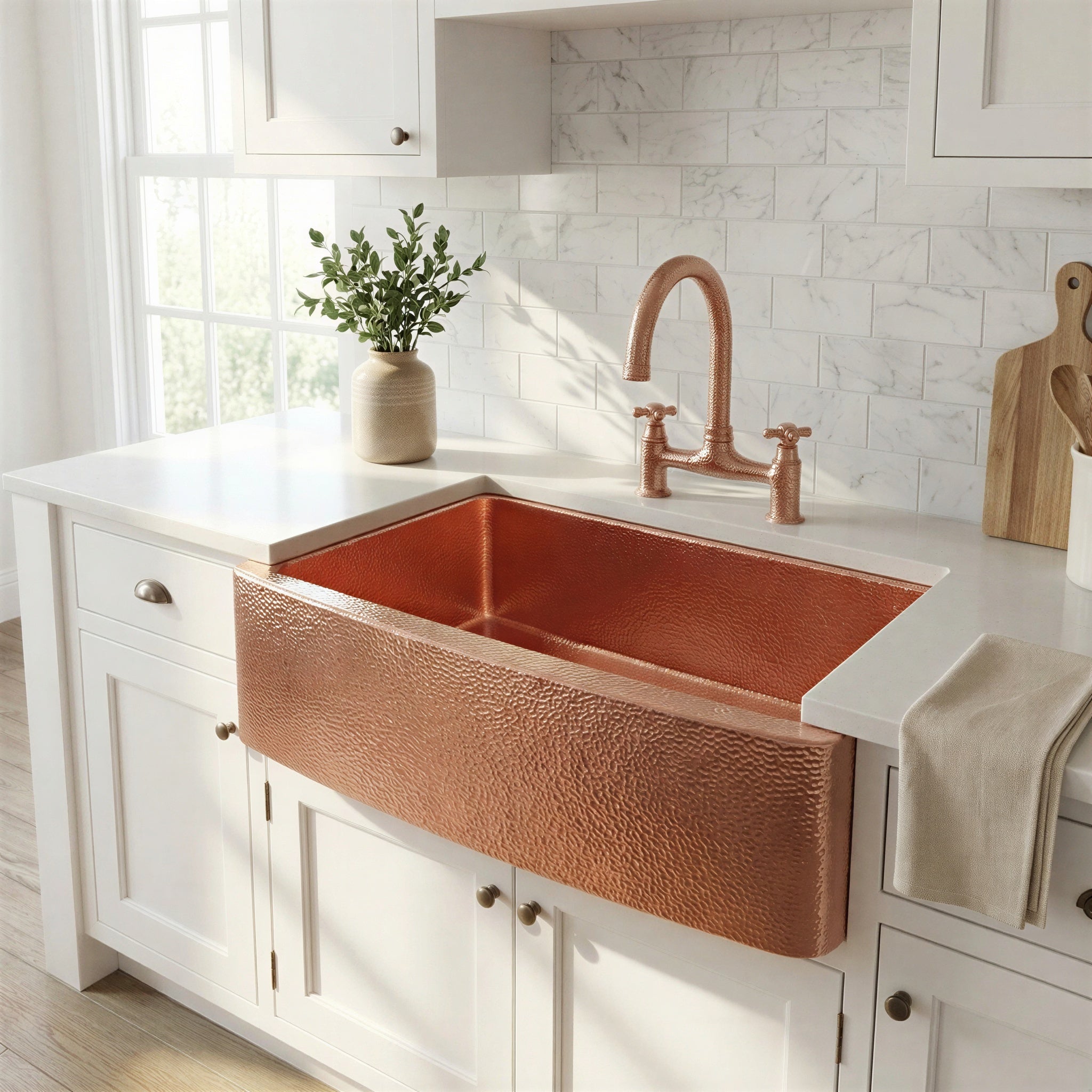 Handcrafted Bright Copper Apron Sink, Solid Copper Farmhouse Sink, Hand Beaten Apron Basin