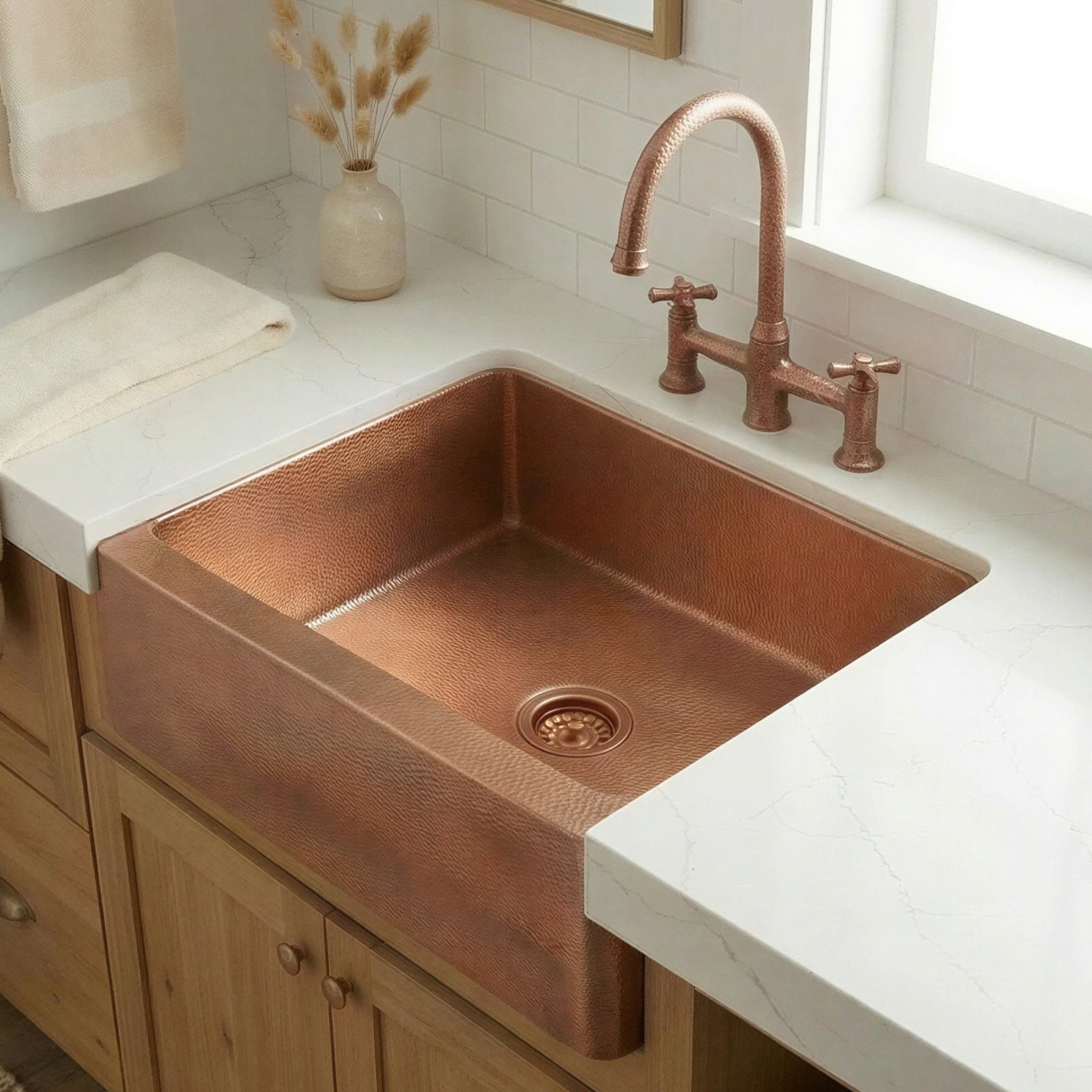 Hammered Copper Farmhouse Apron Sink, Unlacquered Single Bowl Kitchen Sink