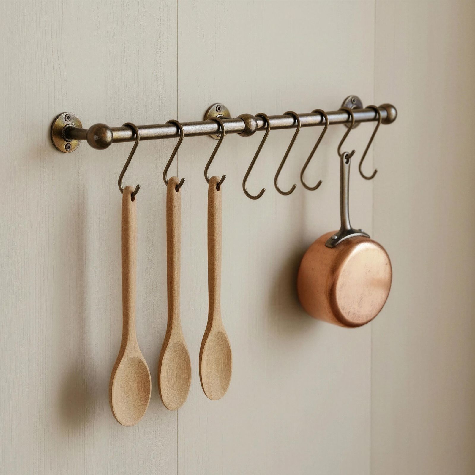 Wooden spoons and a pot hanging on a metal rod against a beige wall.