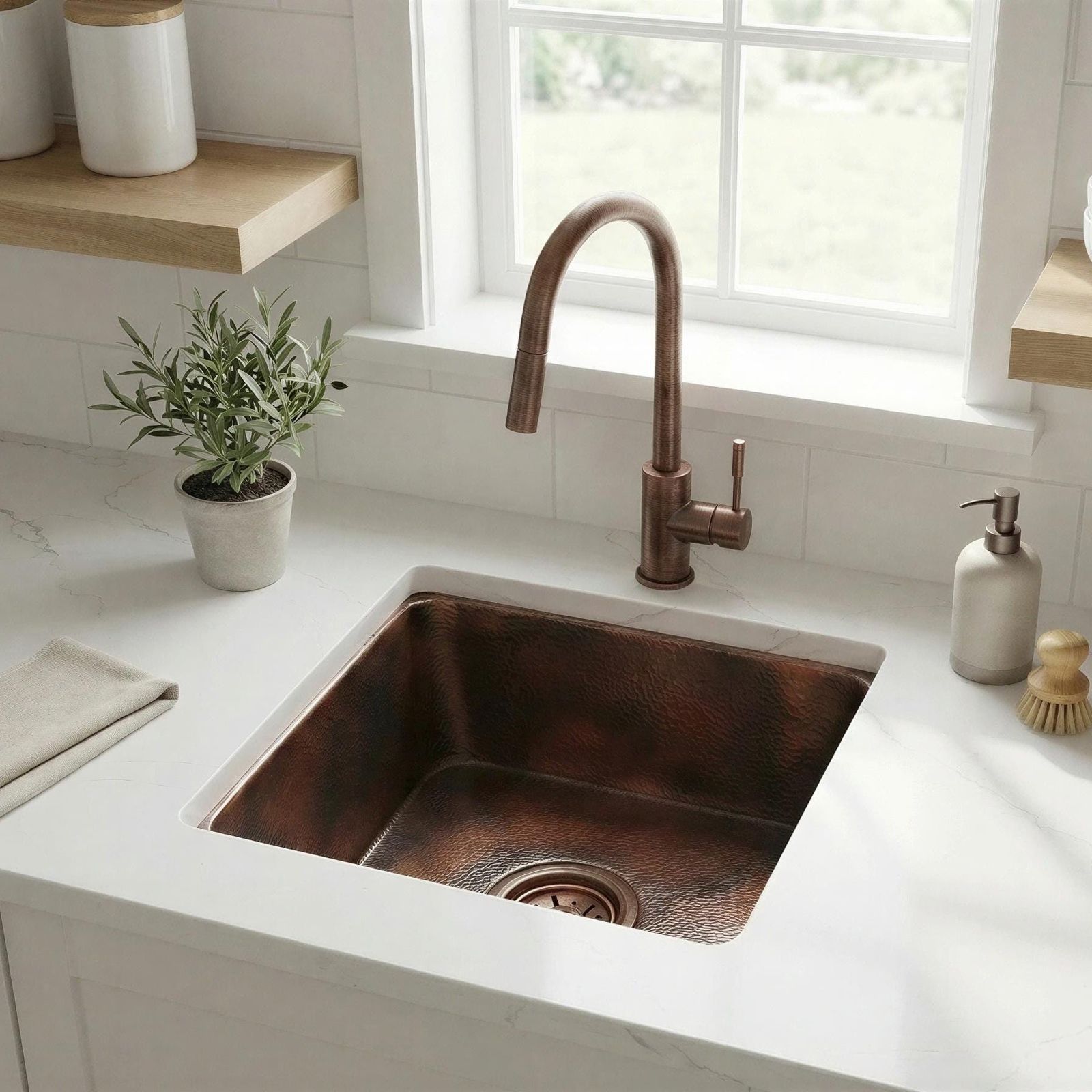 Kitchen sink with copper faucet in a bright kitchen setting