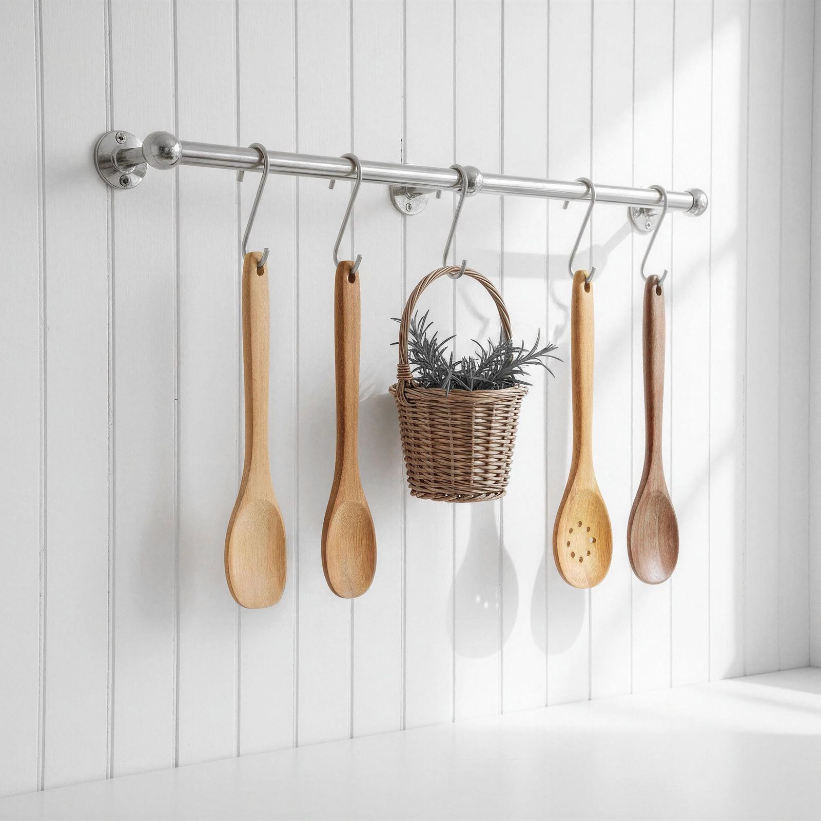 Wooden spoons and a basket hanging on a rack against a white wooden panel background