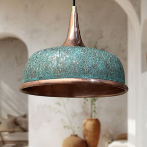 Turquoise pendant light with a textured surface in an indoor setting