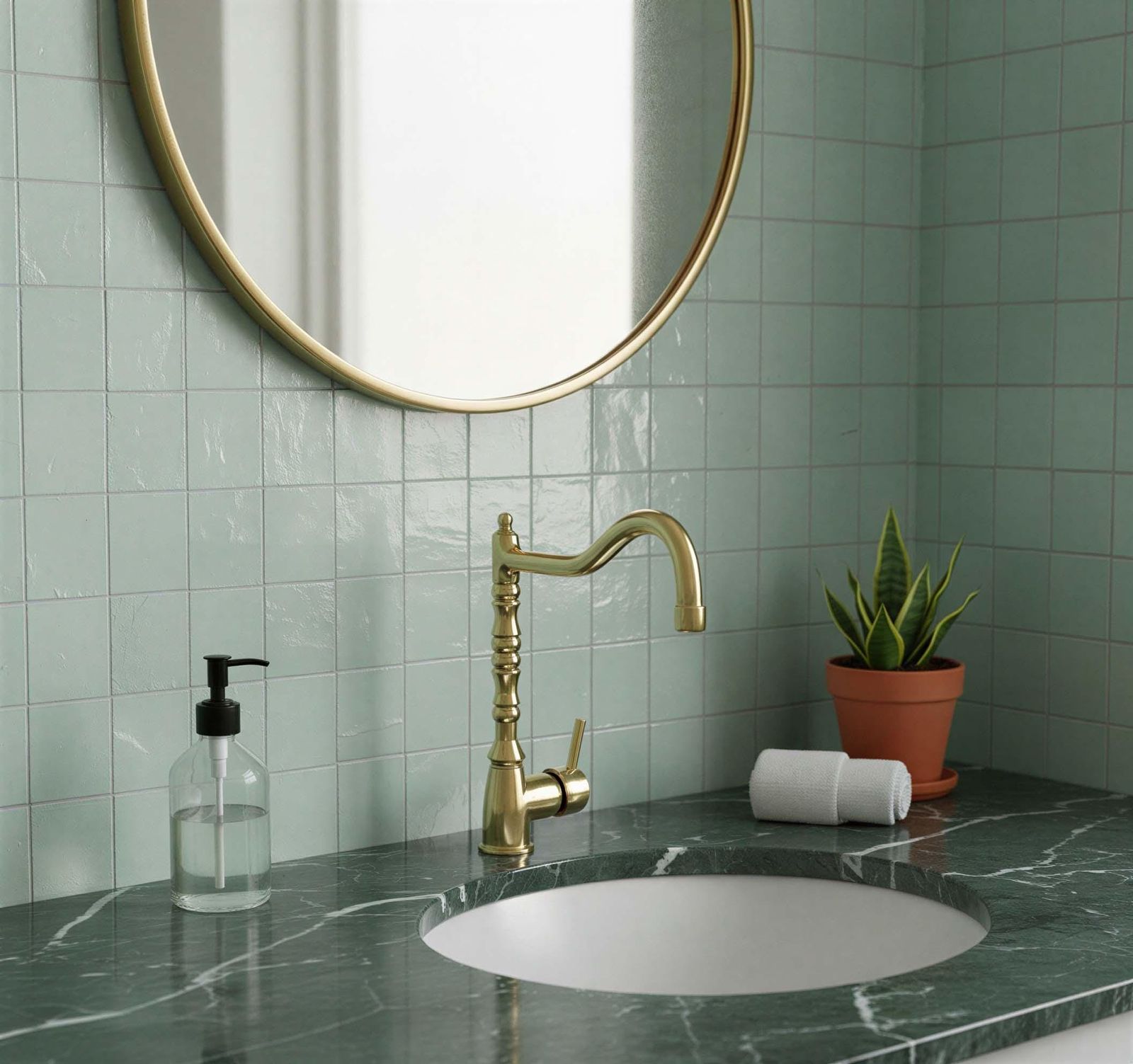 Bathroom with green tiles, gold faucet, and round mirror.