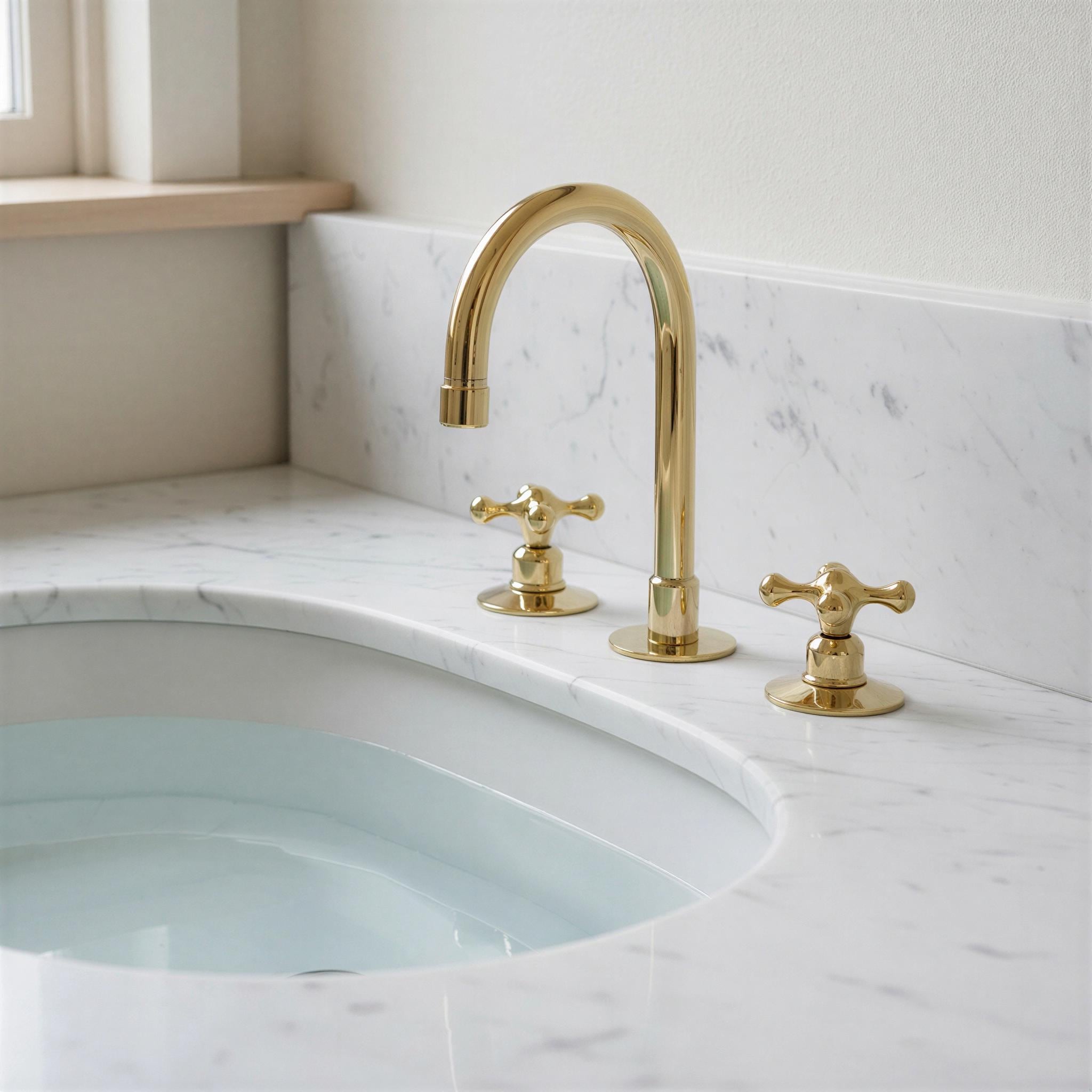 Gold faucet and handles on a marble sink in a bathroom setting
