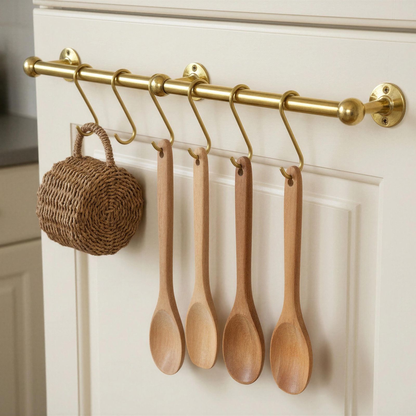 Wooden spoons hanging on a brass rack against a white cabinet.