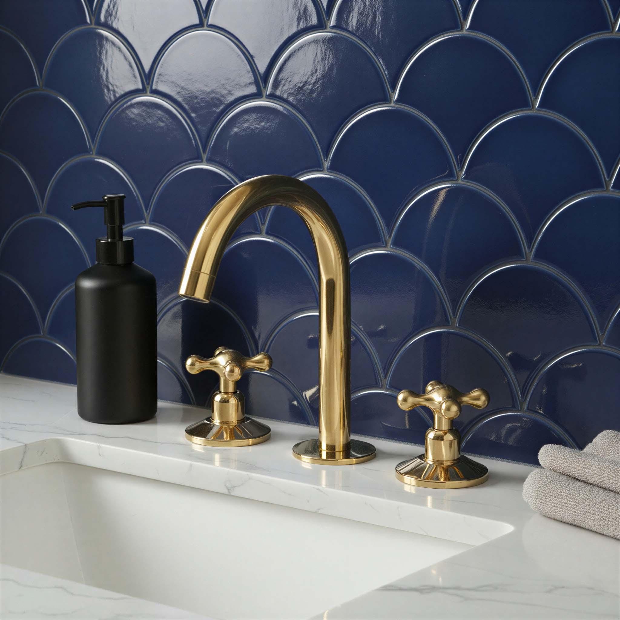 Gold faucet and handles on a white sink with a blue tiled wall
