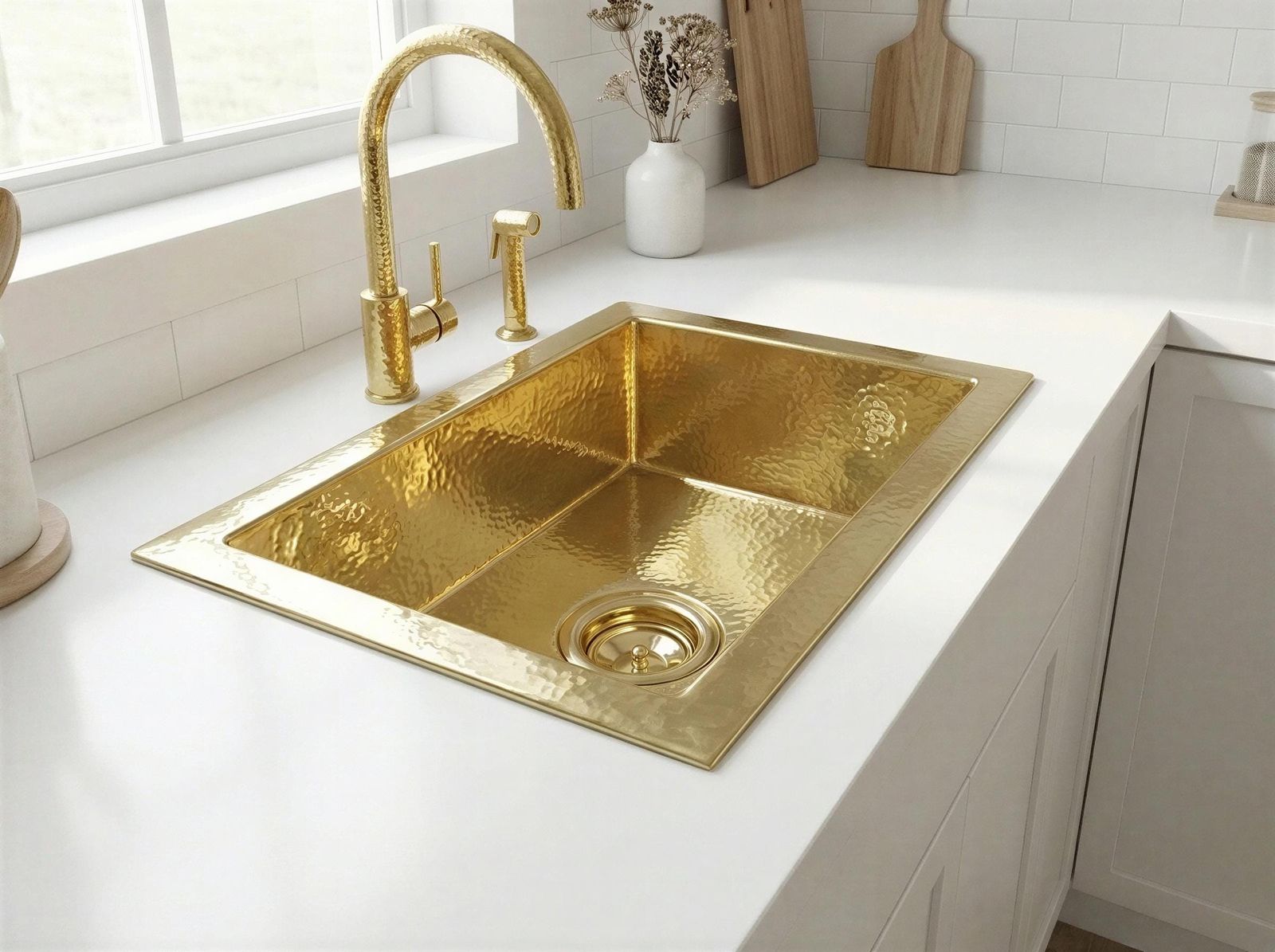Gold kitchen sink with faucet on a white countertop