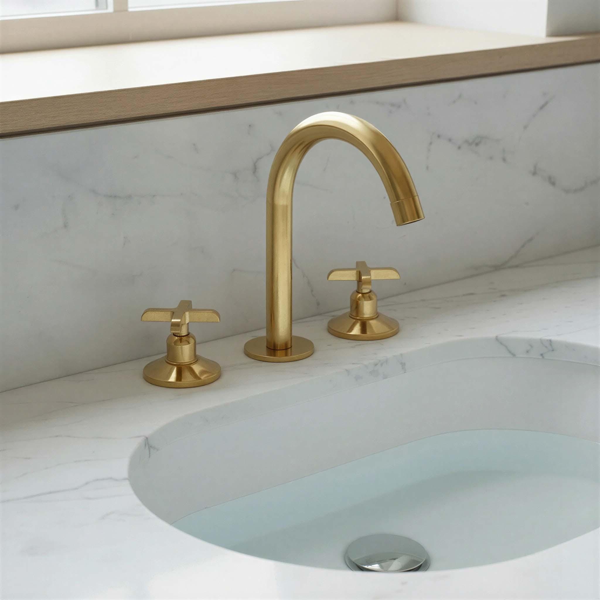 Gold faucet and handles on a marble sink