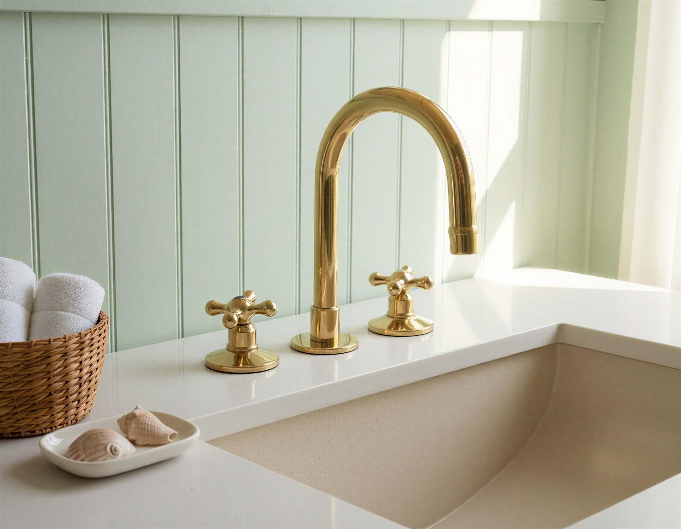 Gold faucet and handles on a white sink with a light green wall and basket of towels.
