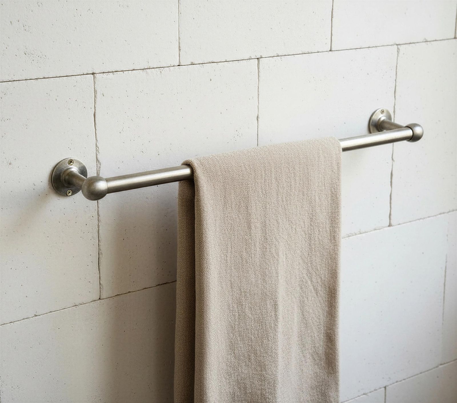 Towel hanging on a metal towel rack against a tiled wall