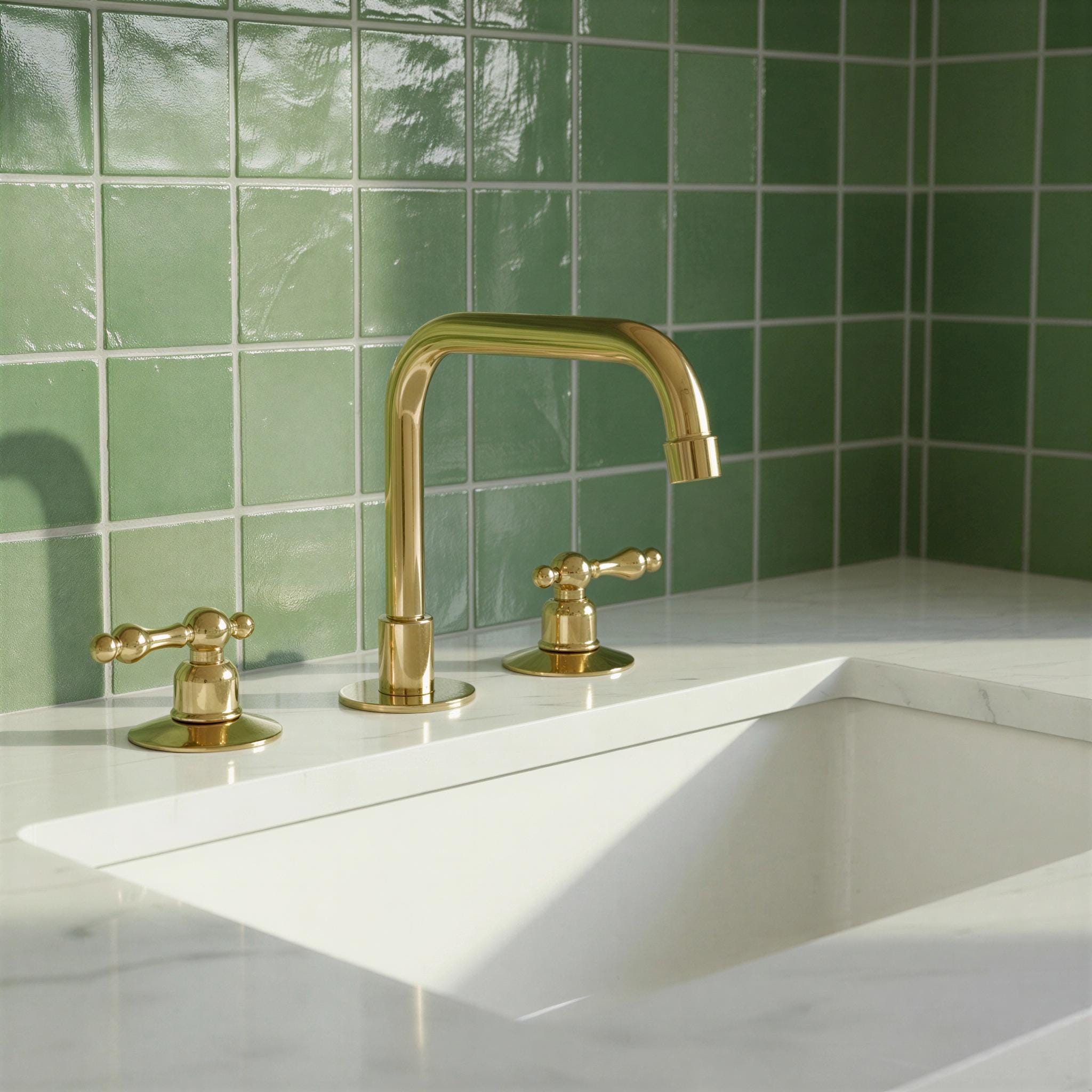 Gold faucet and handles on a white sink with green tiled wall