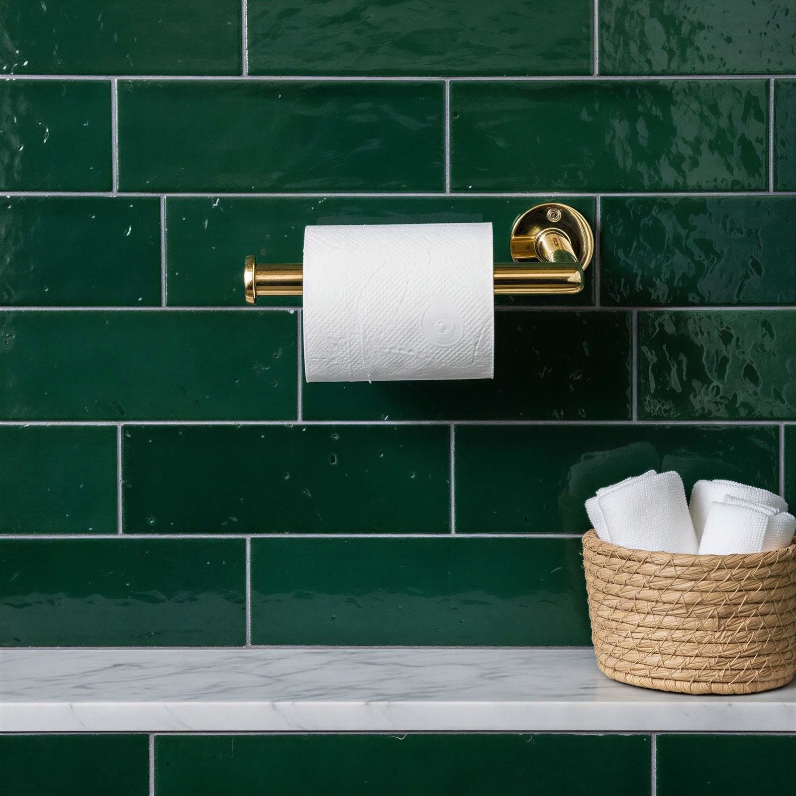 Gold toilet paper holder with a roll of toilet paper on a green tiled wall, next to a woven basket with more toilet paper.