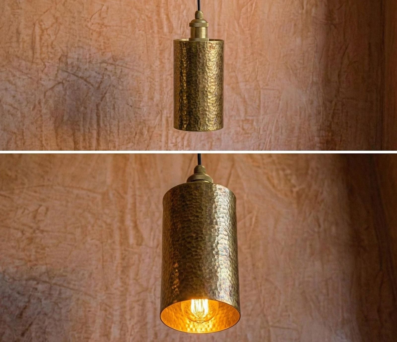 Brass pendant light fixture on a textured wall background