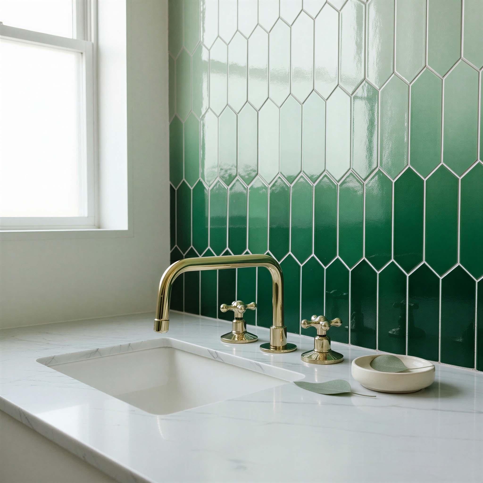 Kitchen sink with gold faucet against a green tiled wall