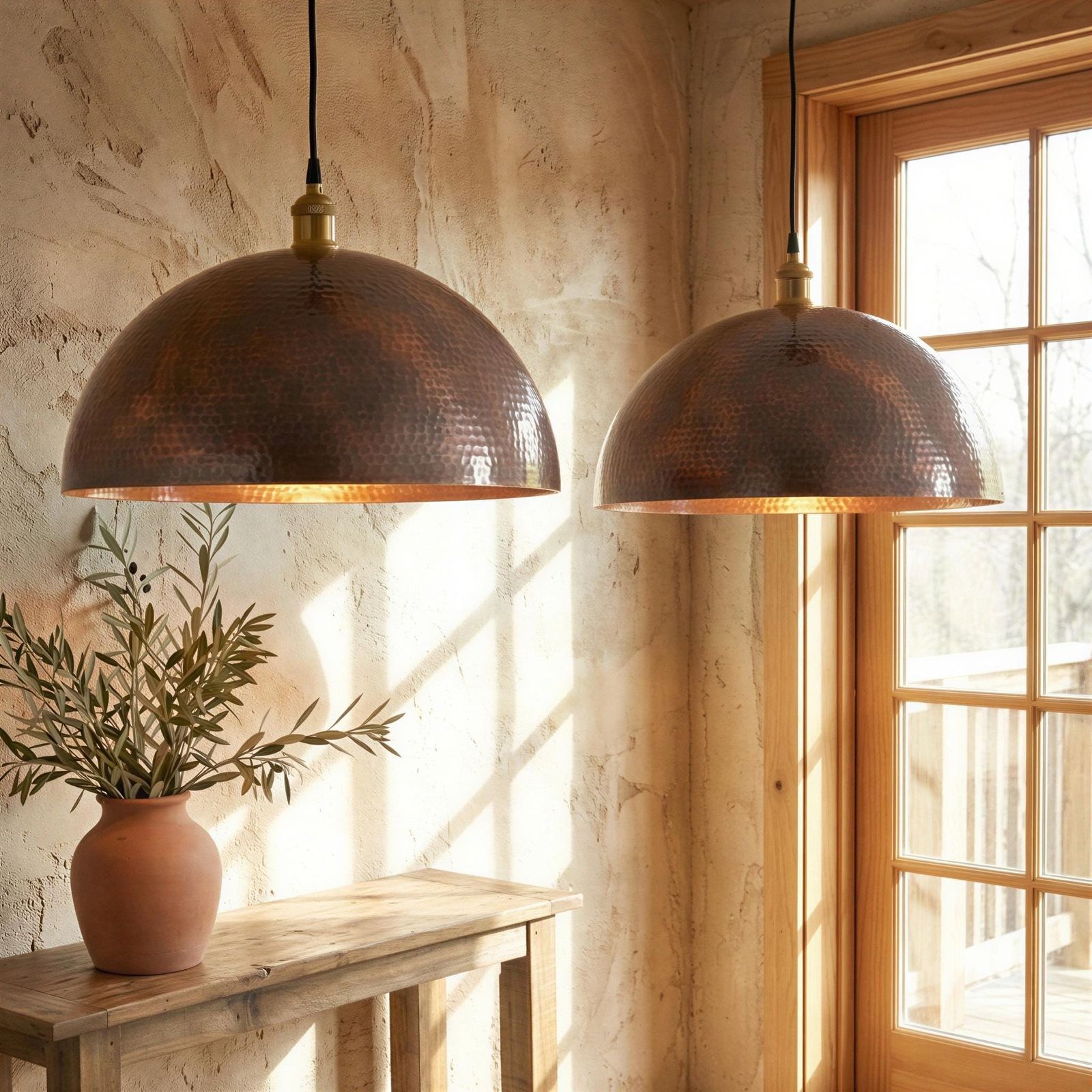 Two copper pendant lights hanging in a room with a window and plant.