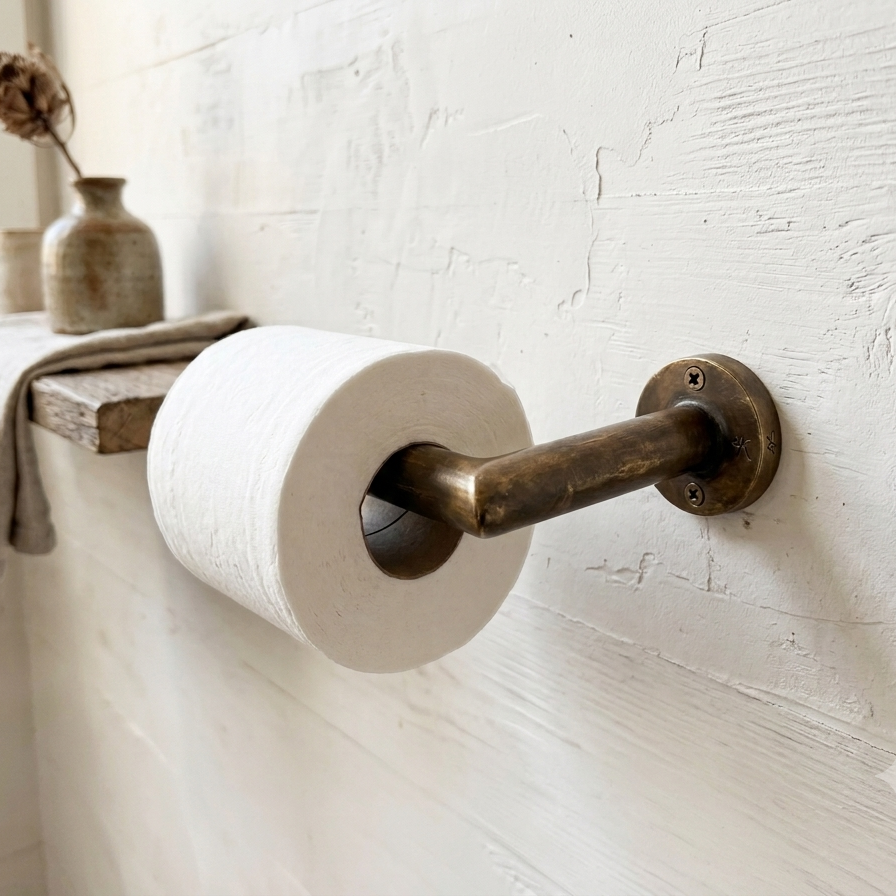 A rustic bronze bathroom toilet paper holder mounted on a white textured wall, holding a roll of white toilet paper next to a small shelf with decorative vases and a towel.