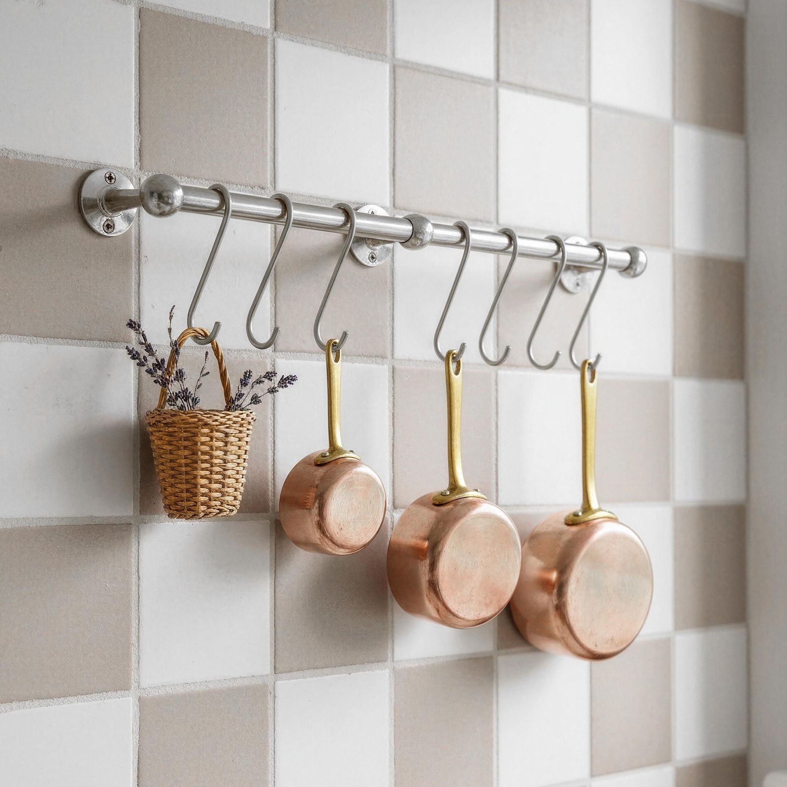 Copper pots and a woven basket hanging on hooks against a tiled wall.
