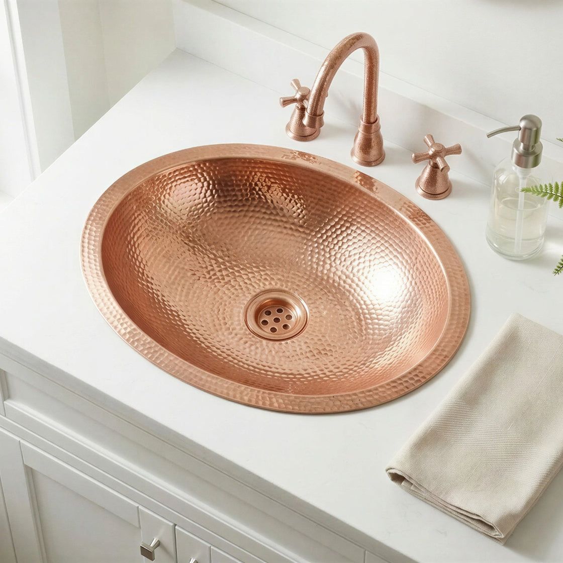 Handmade Copper Oval Drop in Bathroom Sink, Rustic Undermount Farmhouse Vanity Basin