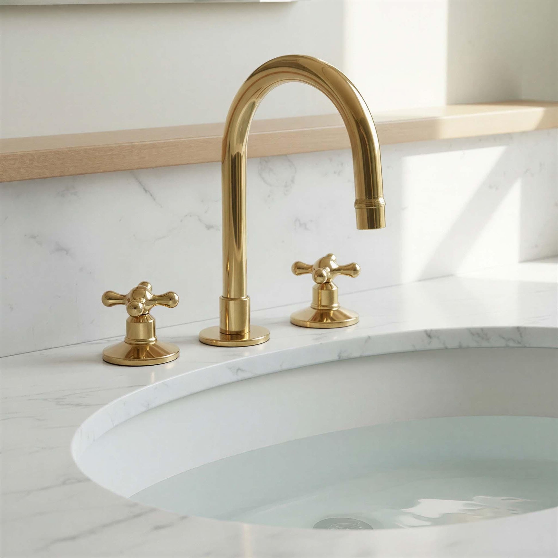 Gold faucet and handles on a white sink with marble backsplash