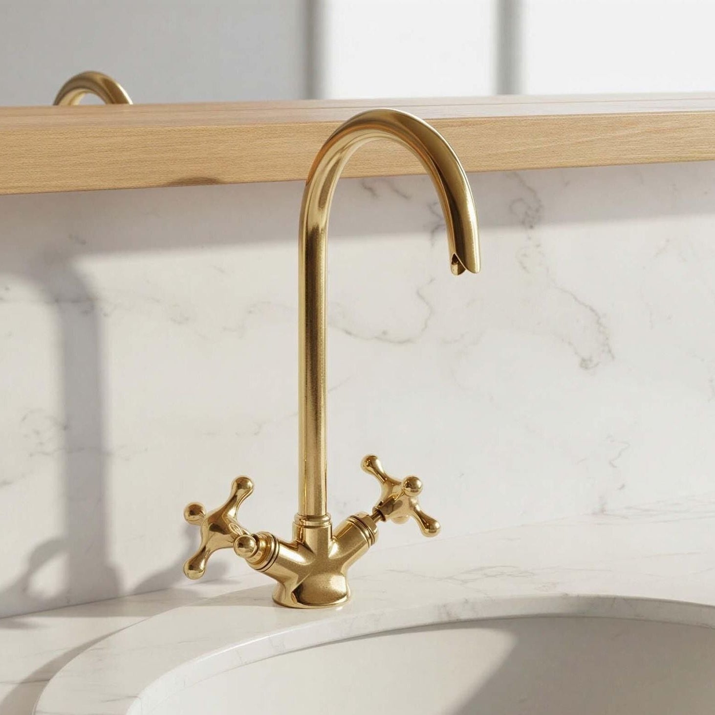 Gold kitchen faucet on a marble countertop