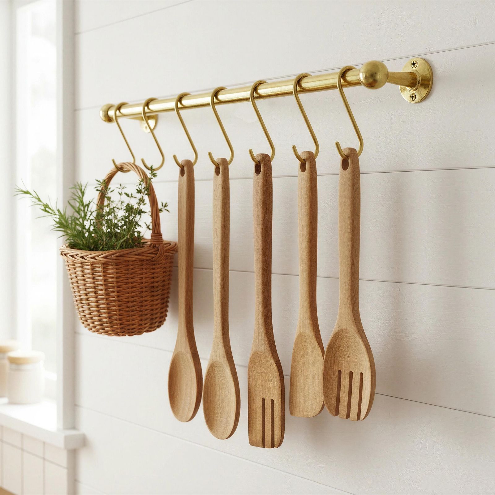 Set of wooden utensils hanging on a gold rack against a white tiled wall.
