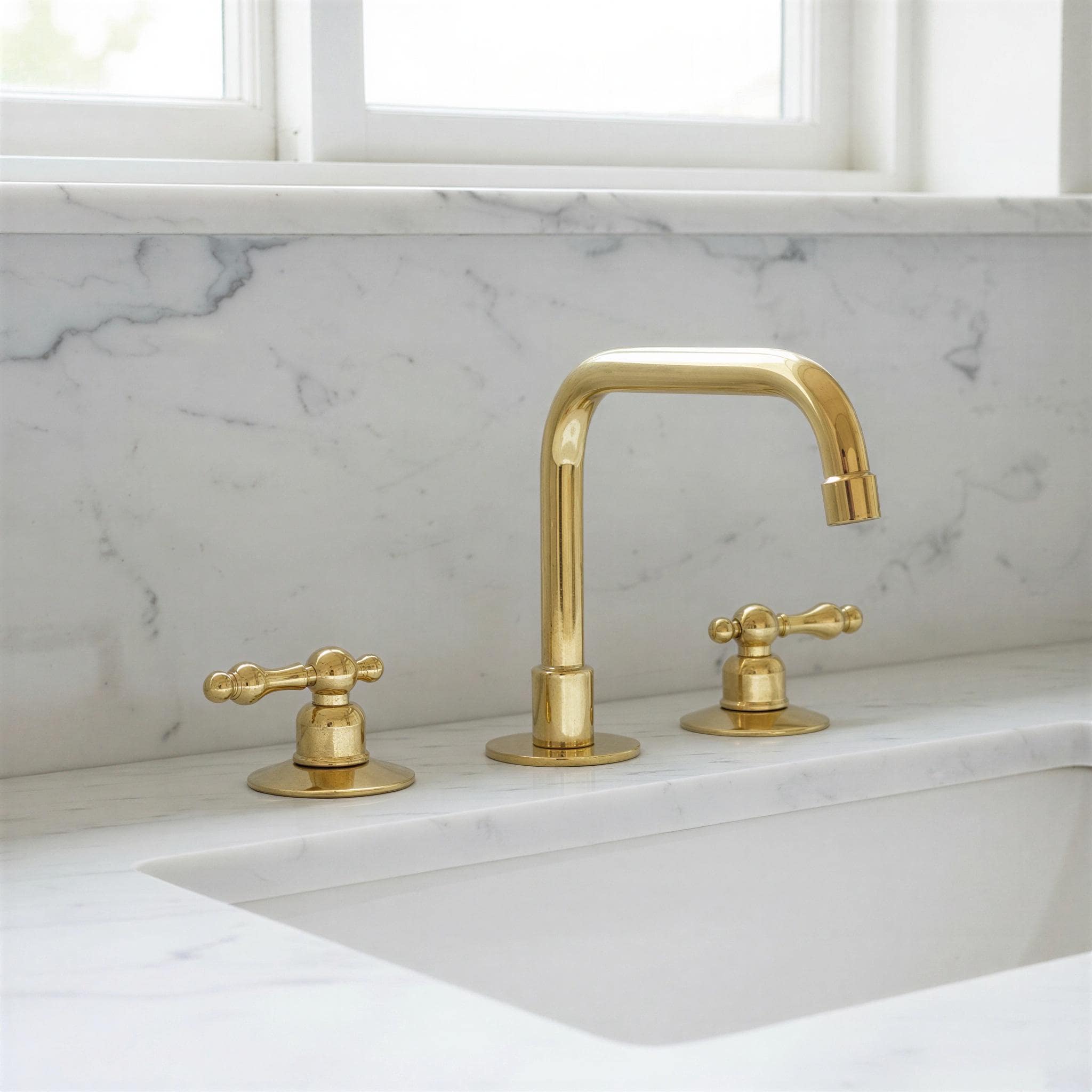 Gold faucet set on a marble countertop with a window in the background