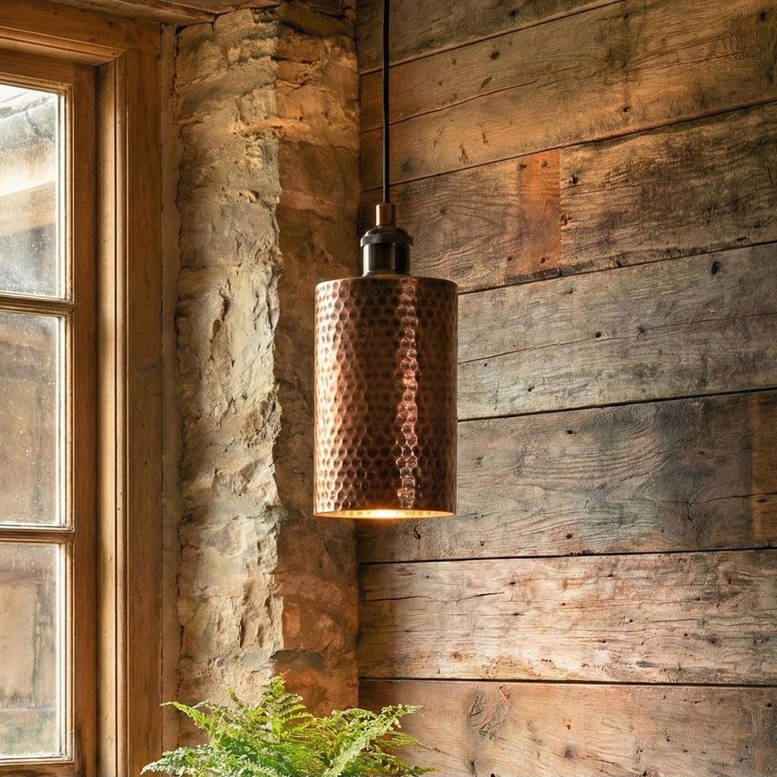 Copper pendant light hanging against a rustic wooden wall with a window in the background.