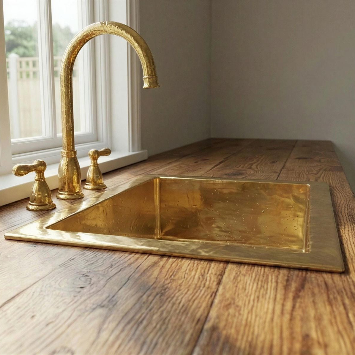 Brass kitchen sink and faucet on a wooden countertop with a window in the background.