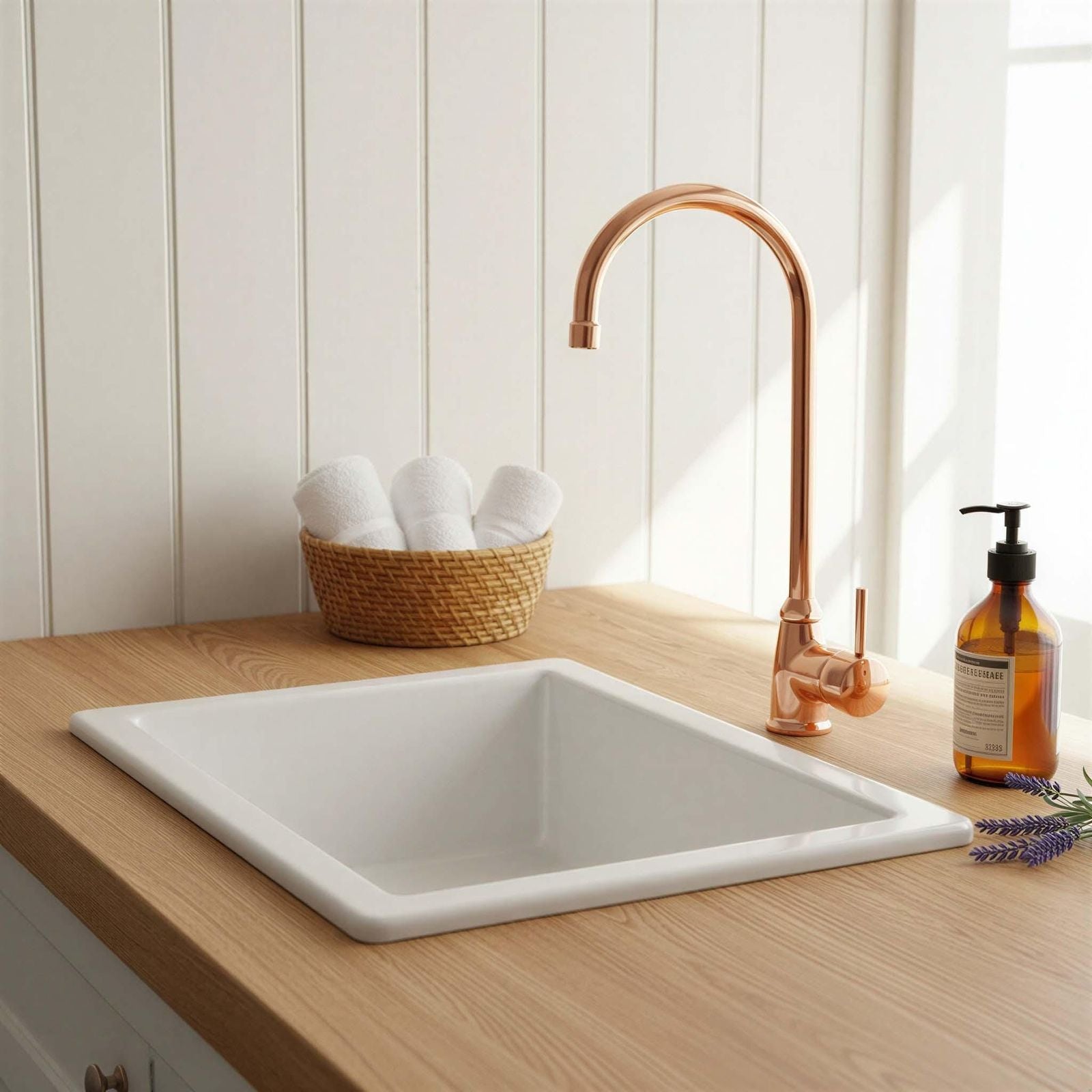 Kitchen sink with copper faucet and wooden countertop