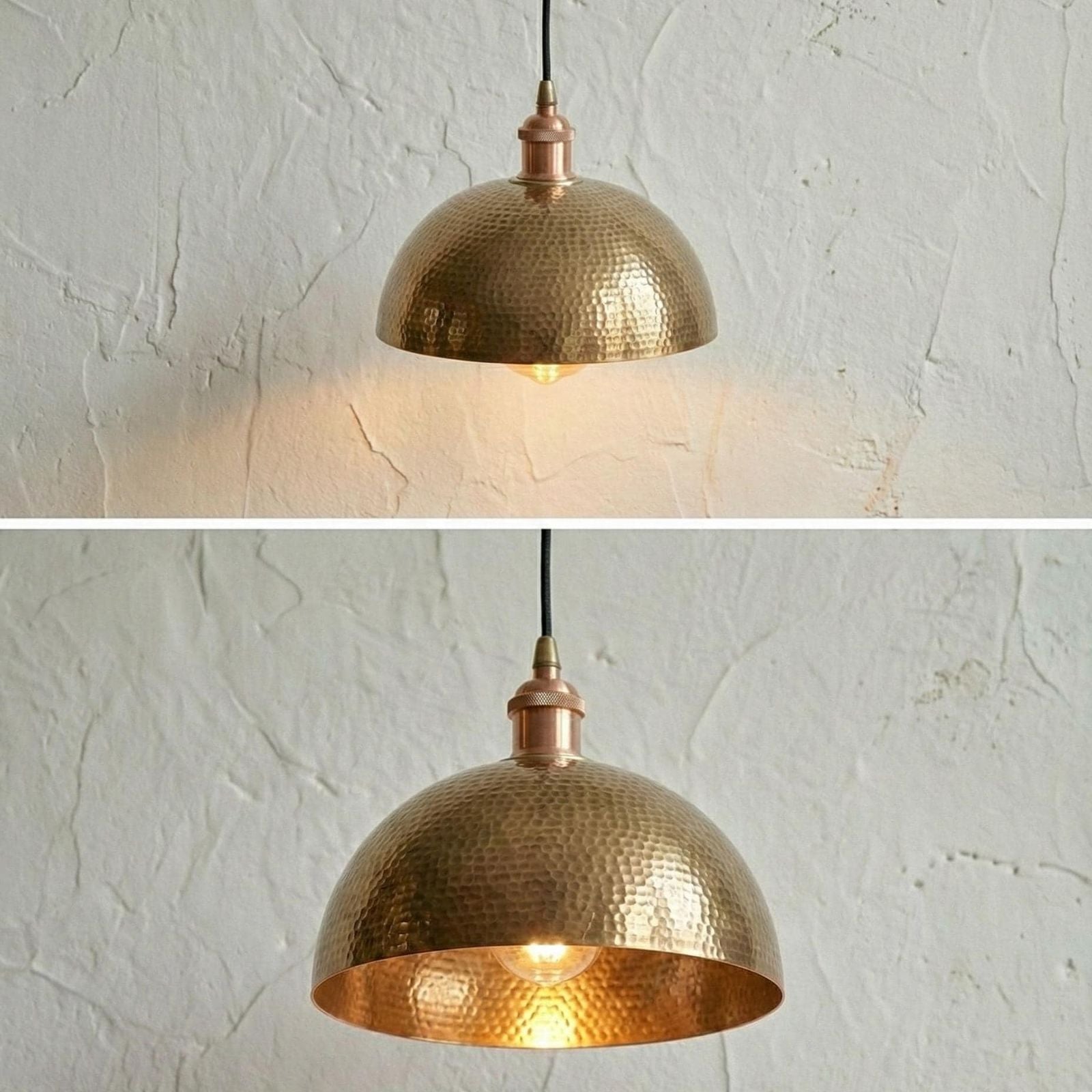Two images of a gold pendant light fixture against a textured white wall.