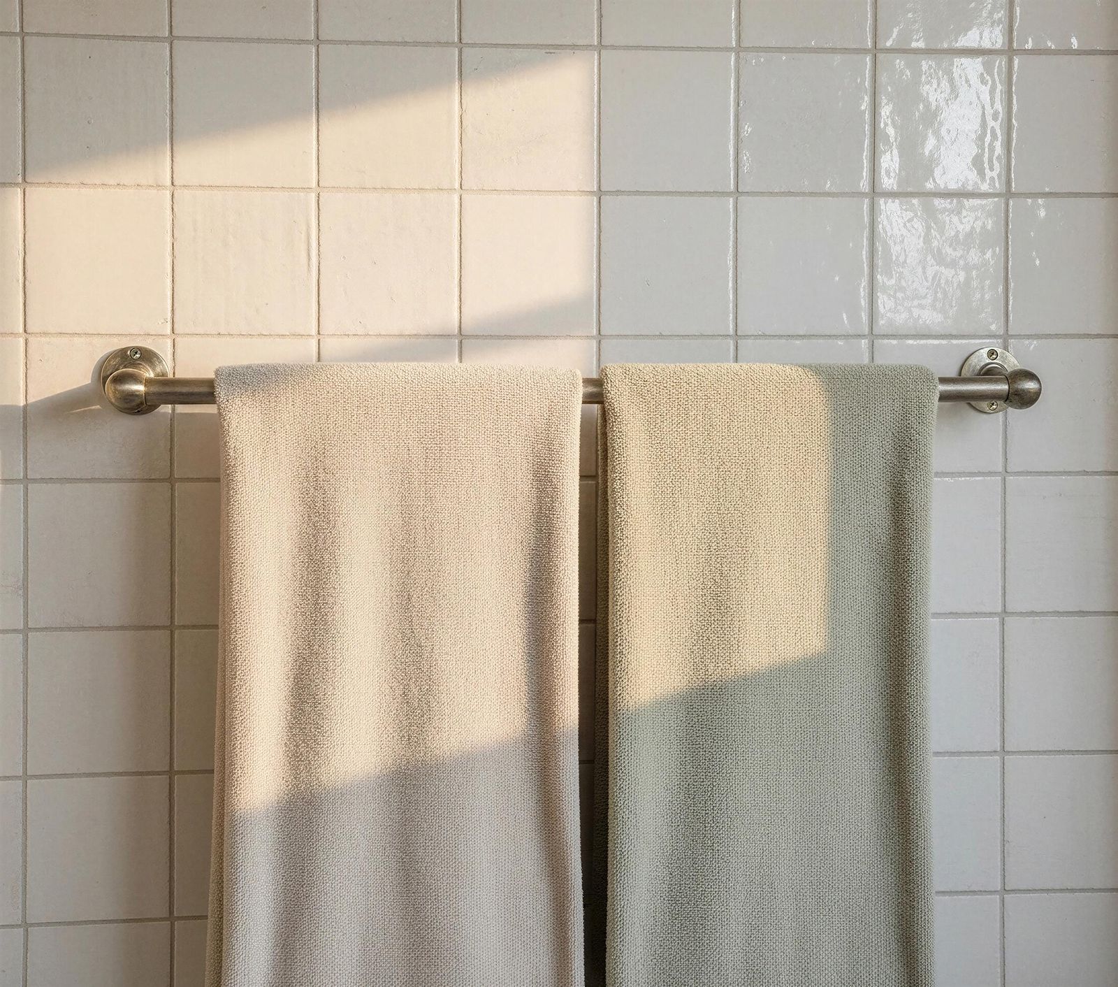 Two beige towels hanging on a towel rack against a tiled bathroom wall.