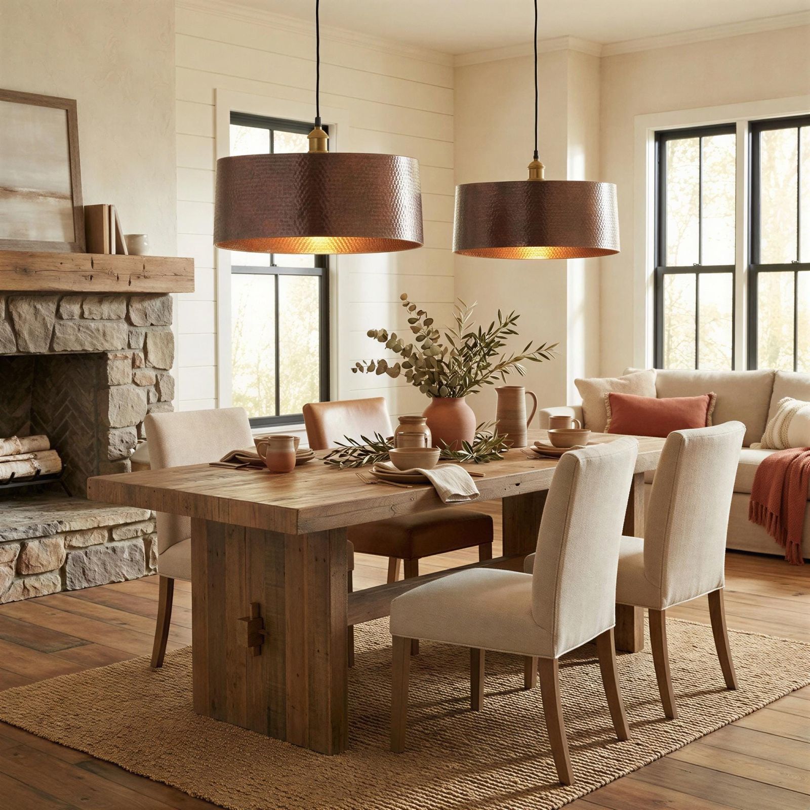 Dining room with wooden table, chairs, and a stone fireplace.