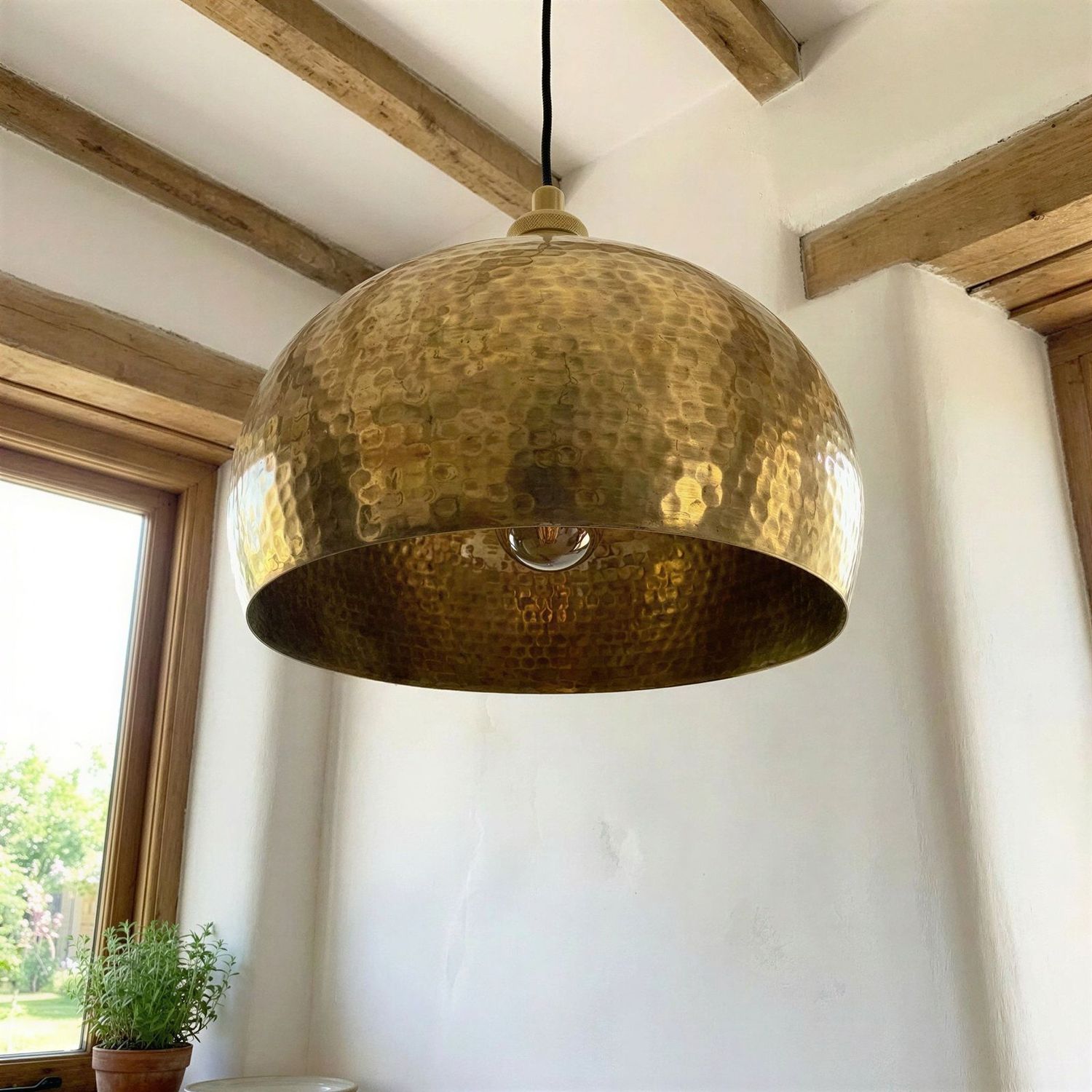 Brass Dome Pendant Light Hammered – Solid Brass Ceiling Lamp for Kitchen Island