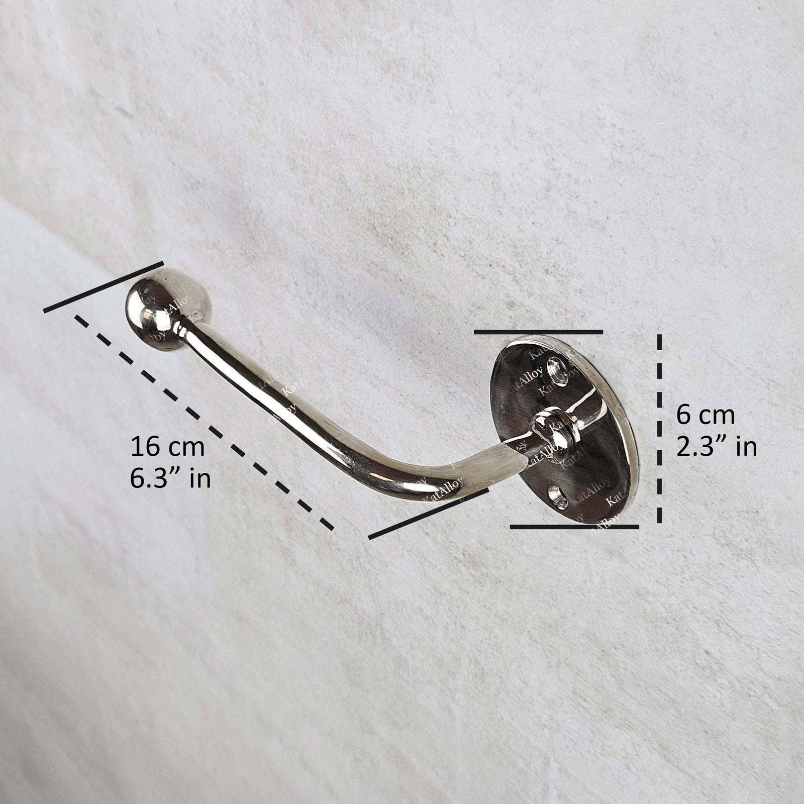 Metallic hook with dimensions labeled on a white background