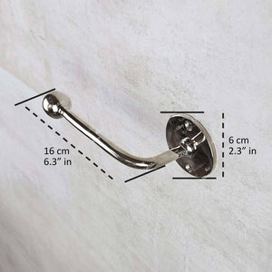 Metallic hook with dimensions labeled on a white background