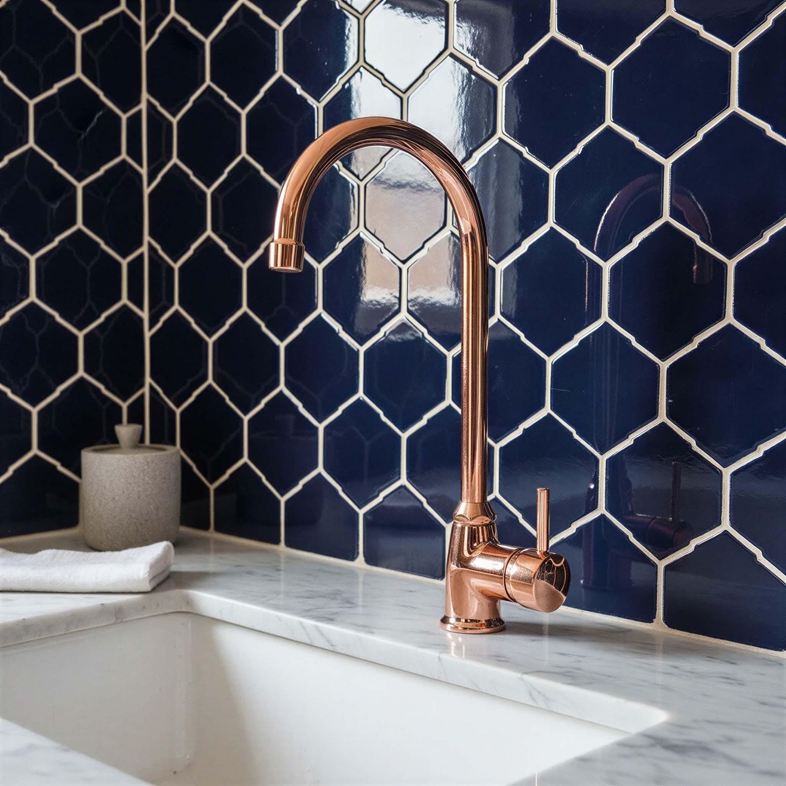 Rose gold faucet in a kitchen with blue hexagonal tiles